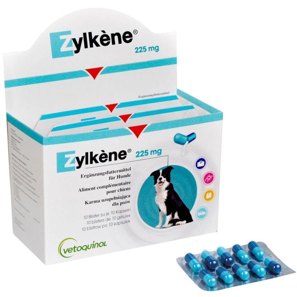 Zylkène 225 mg verpakking met capsules. Blisterverpakking met capsules ernaast. Productnaam en logo zichtbaar.