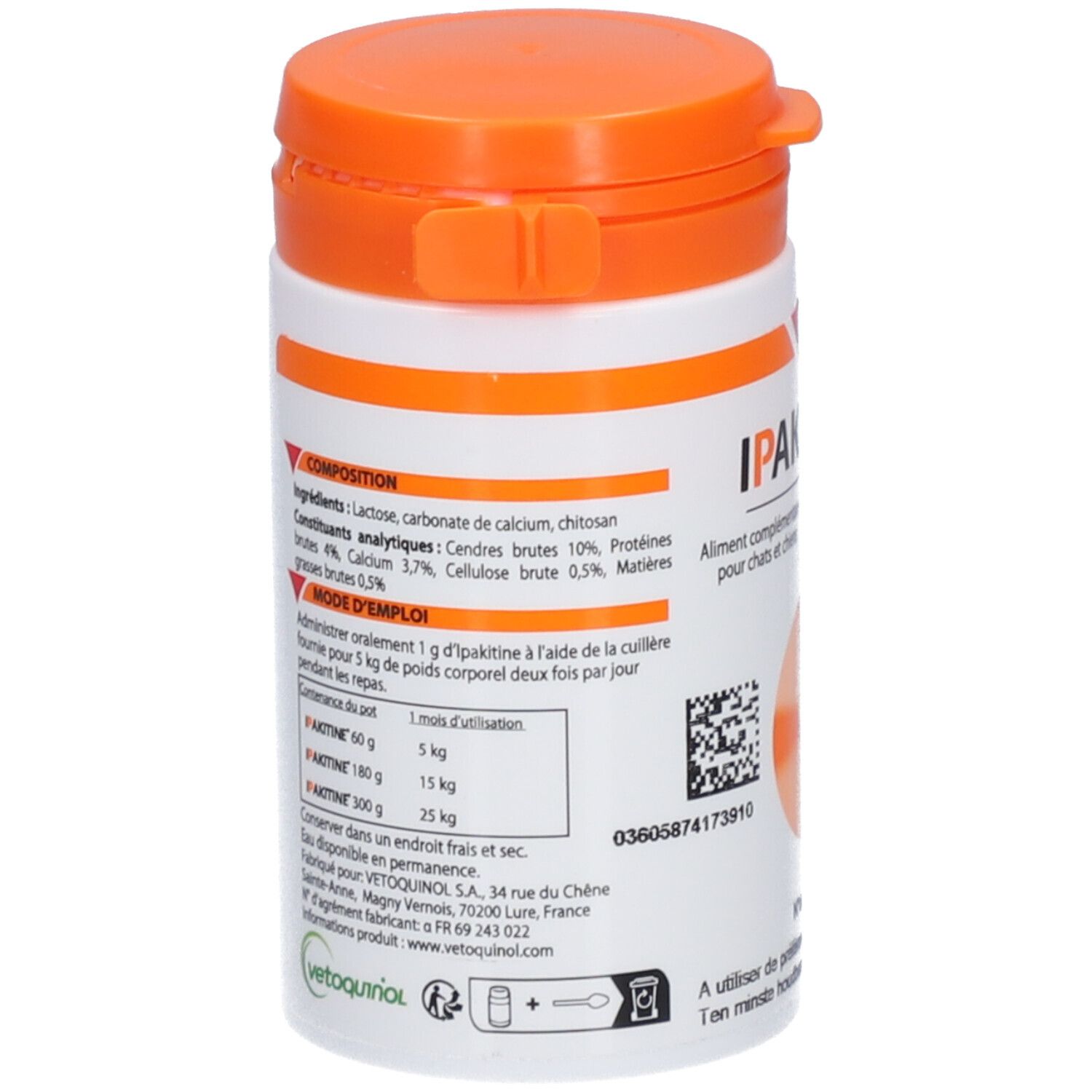 Boîte blanche avec couvercle orange. Dos avec ingrédients et instructions de dosage.