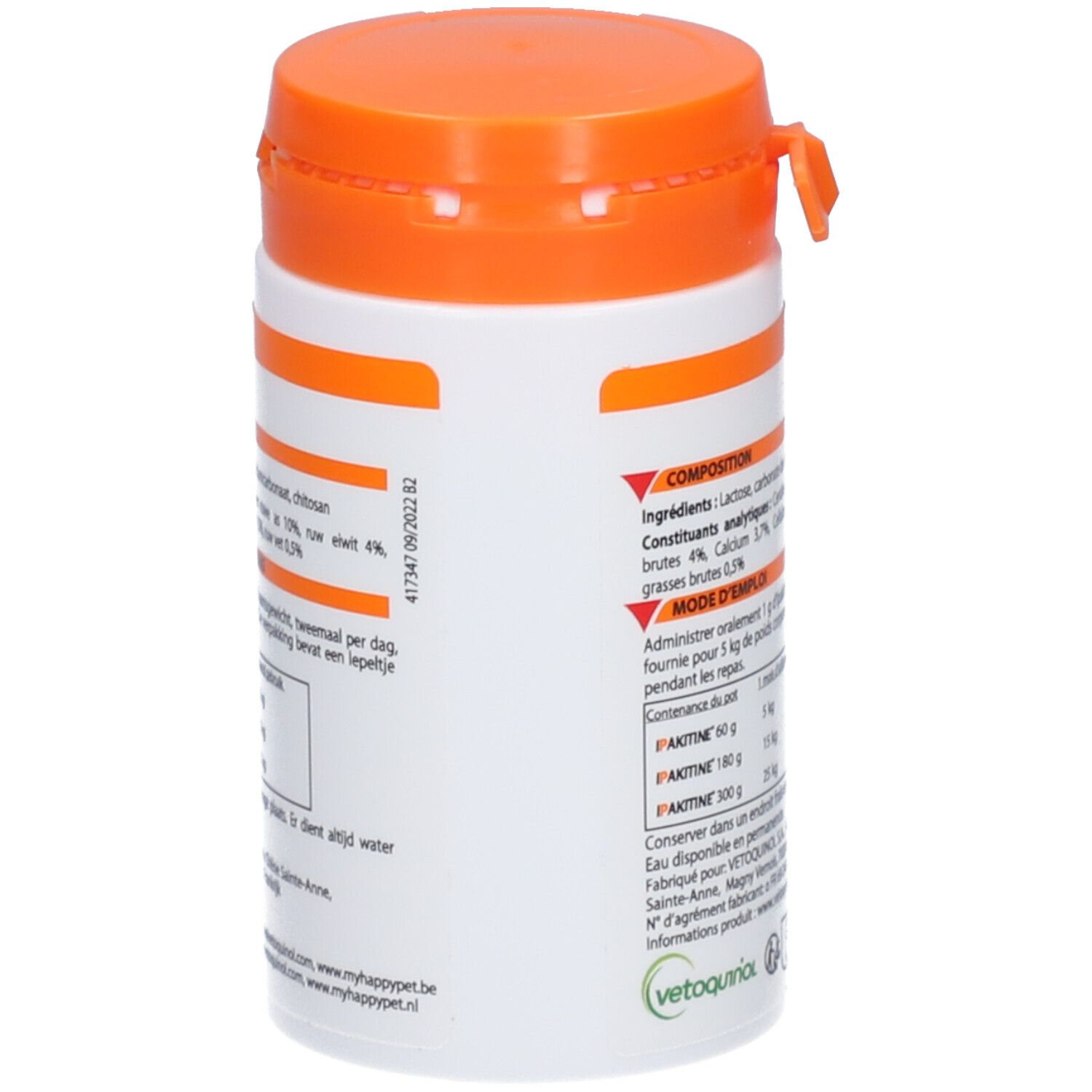 Boîte blanche avec couvercle orange. Dos avec ingrédients et instructions de dosage.