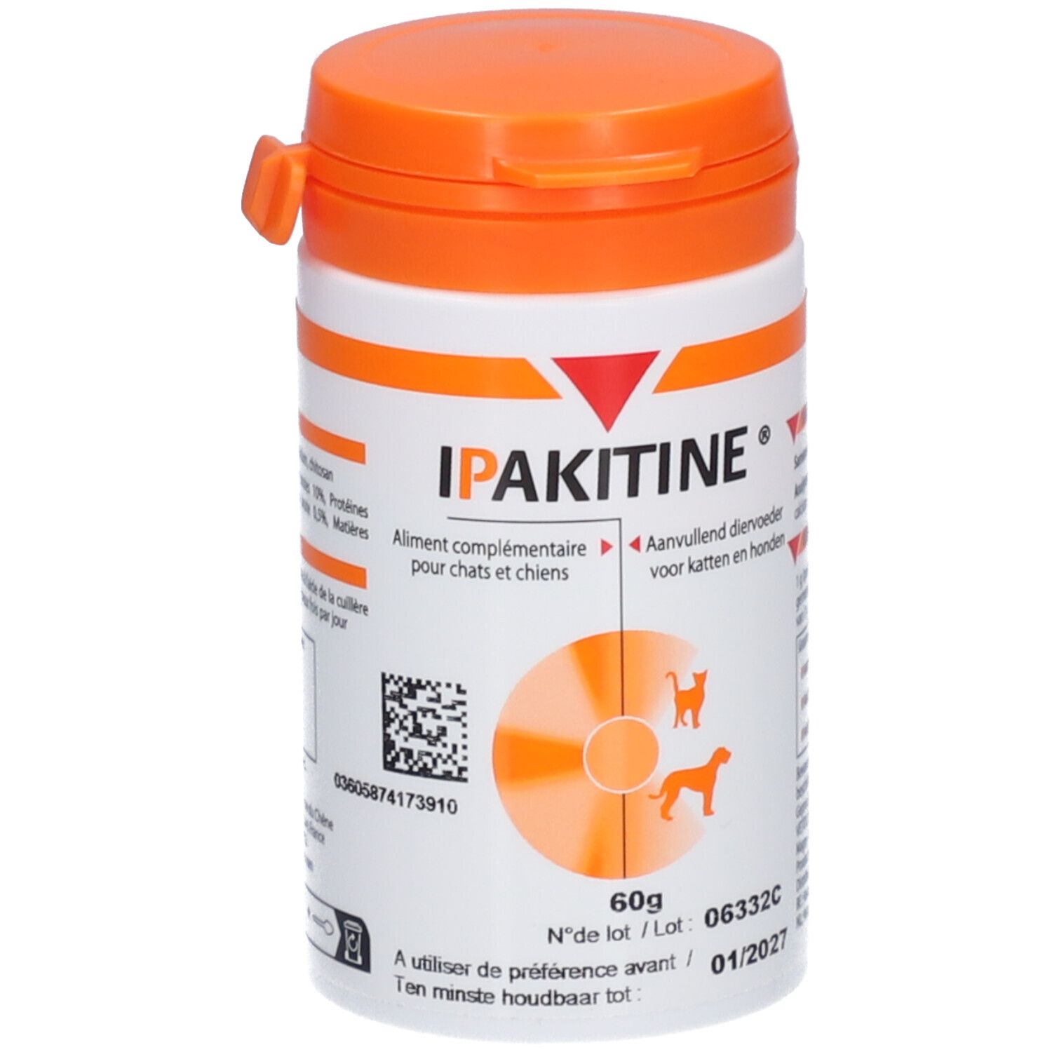 Boîte blanche avec couvercle orange. Inscription IPAKITINE® pour chiens et chats. 60g.