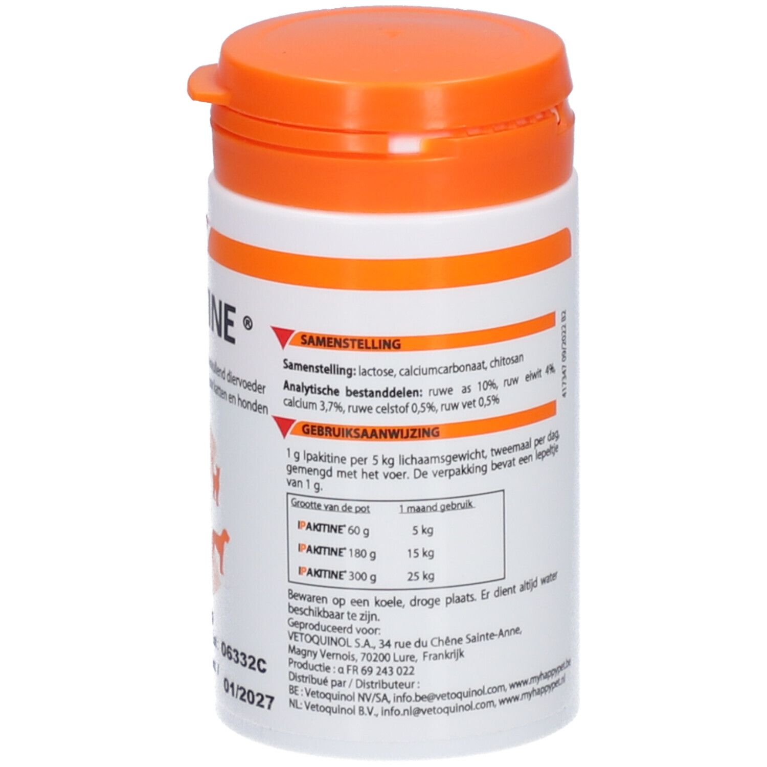 Boîte blanche avec couvercle orange. Dos avec ingrédients et instructions de dosage.