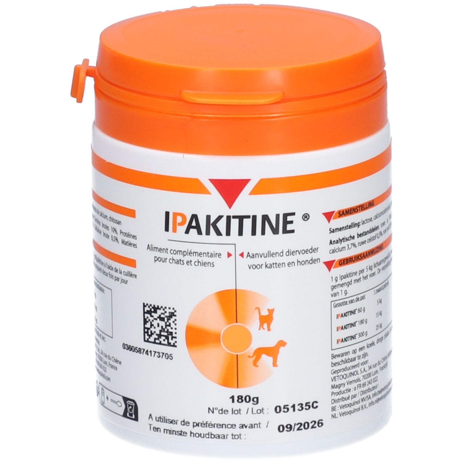 Pot blanc et orange IPAKITINE® pour chiens et chats. Ingrédients et informations nutritionnelles. Poids net 180g.