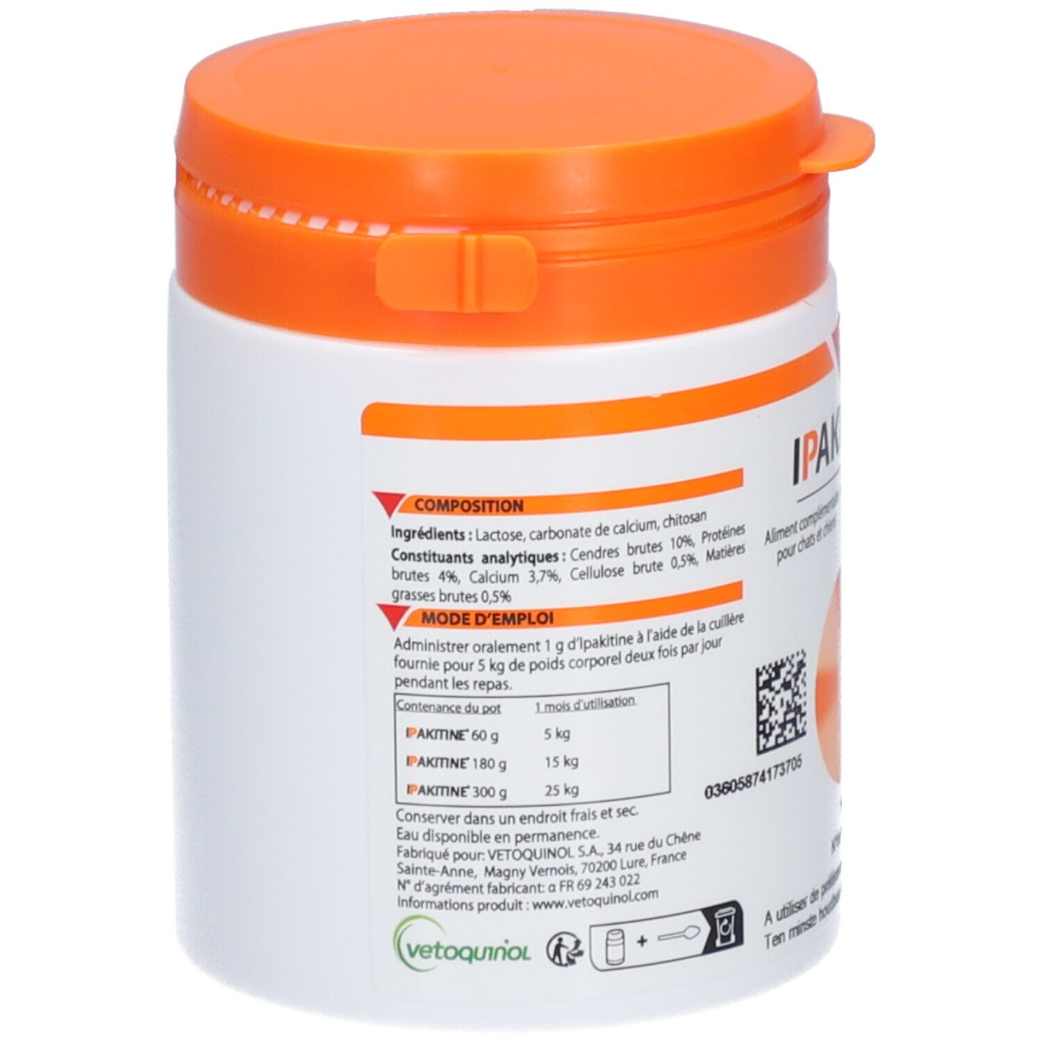 Dos du pot blanc et orange. Contient des informations sur la composition et le mode d'emploi d'IPAKITINE® pour chiens et chats.