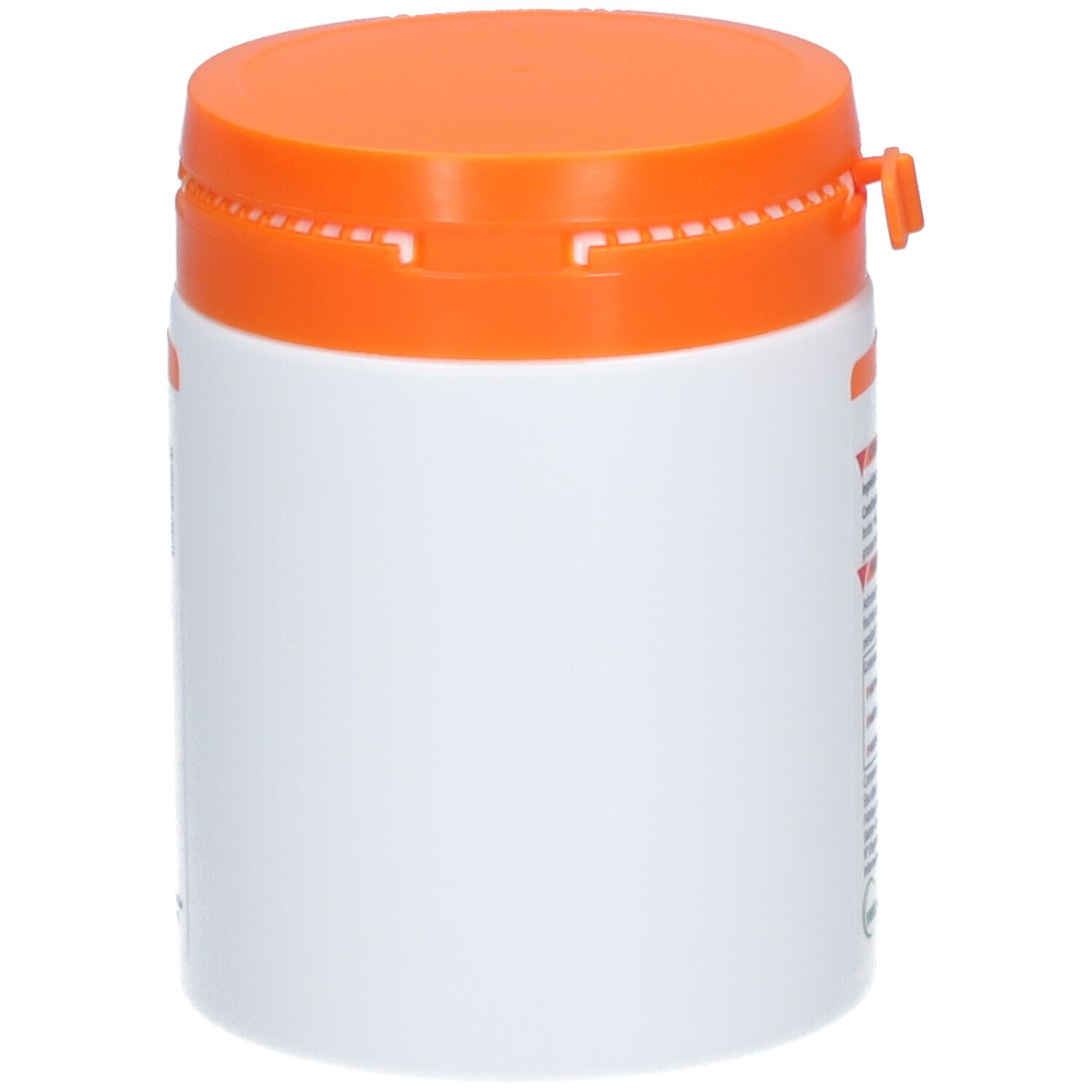 Vue latérale d'un pot blanc et orange. Aucun autre détail visible.