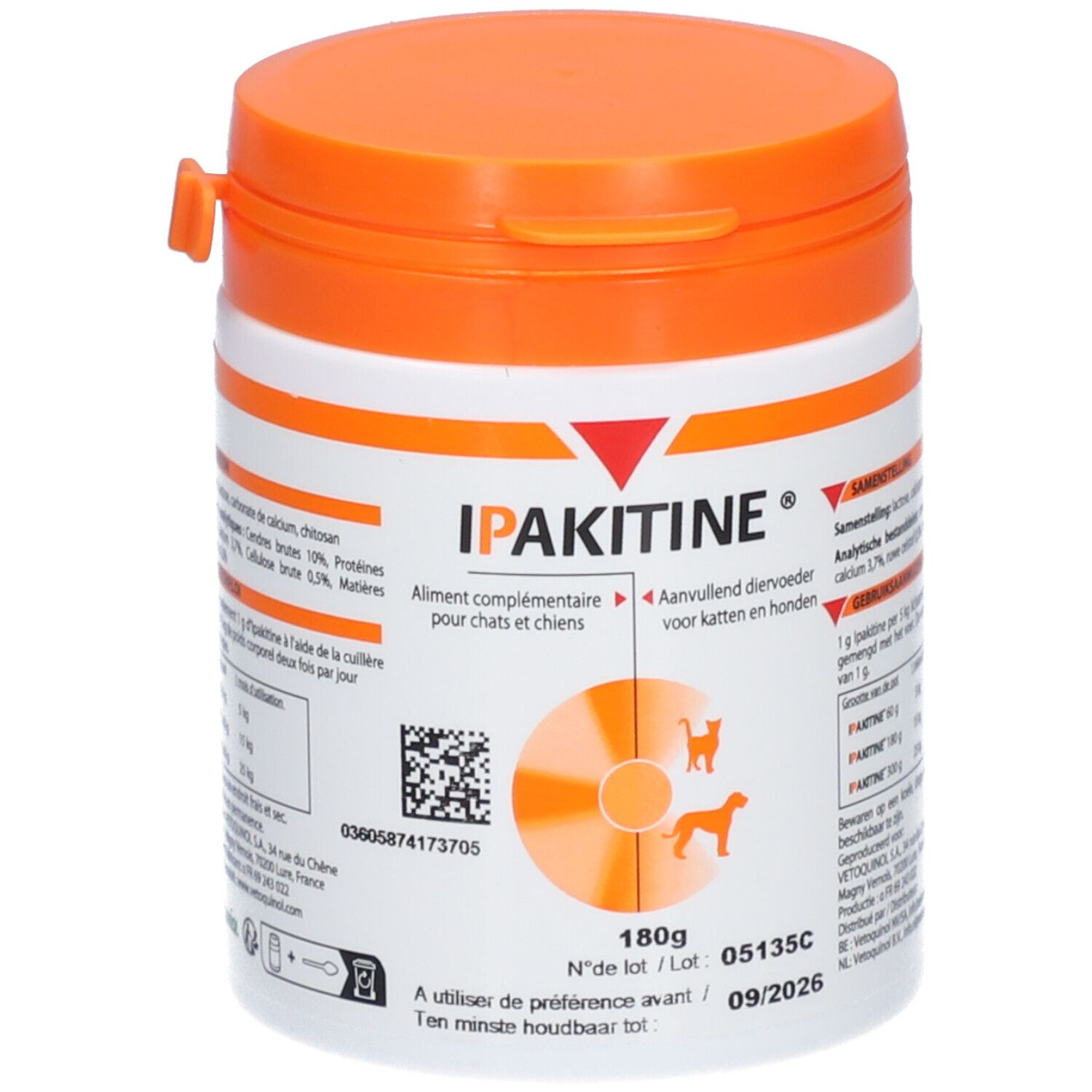 Pot blanc et orange IPAKITINE® pour chiens et chats. Ingrédients et informations nutritionnelles. Poids net 180g.