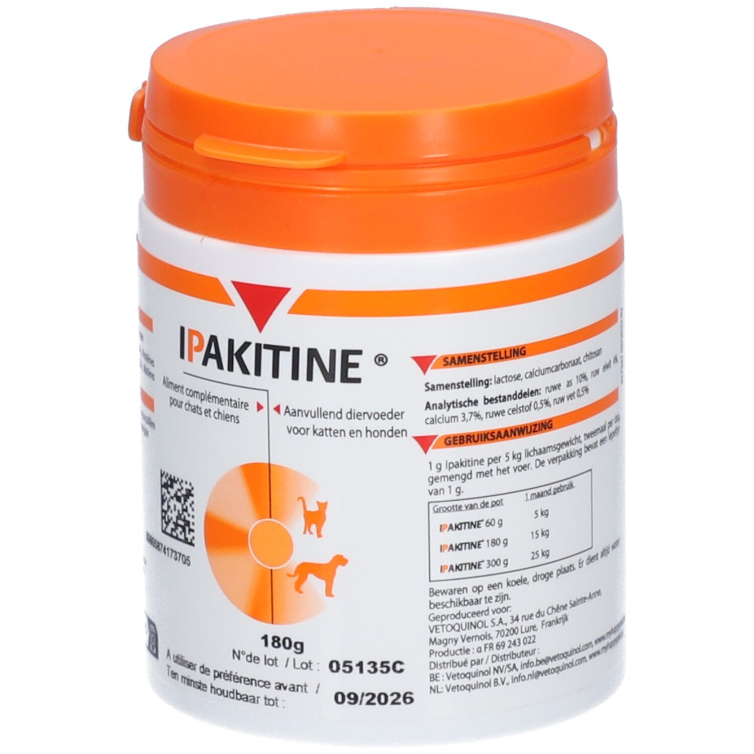 Pot blanc et orange IPAKITINE® pour chiens et chats. Ingrédients et informations nutritionnelles. Poids net 180g.