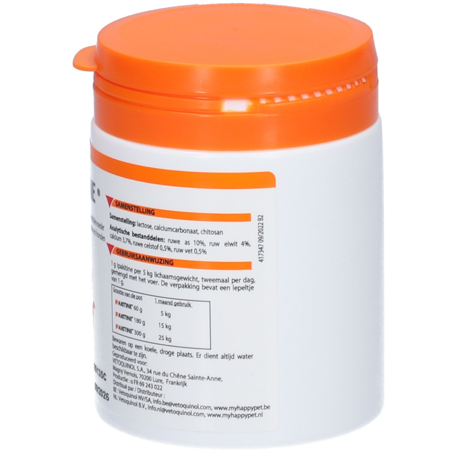 Dos du pot blanc et orange. Contient des informations sur la composition et le mode d'emploi d'IPAKITINE® pour chiens et chats.