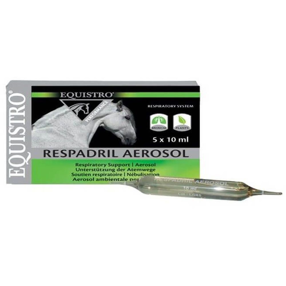 Boîte de Respadril Aerosol. Contient 5 ampoules de 10 ml. Marque Equistro, logo cheval. Texte multilingue.