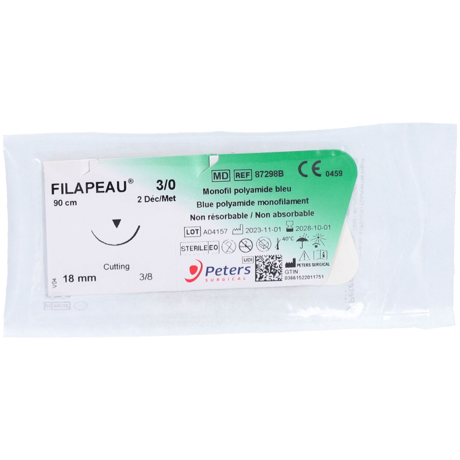 Emballage de suture Filapeau. Contient un monofilament de polyamide bleu. Stérile. Marquage CE.