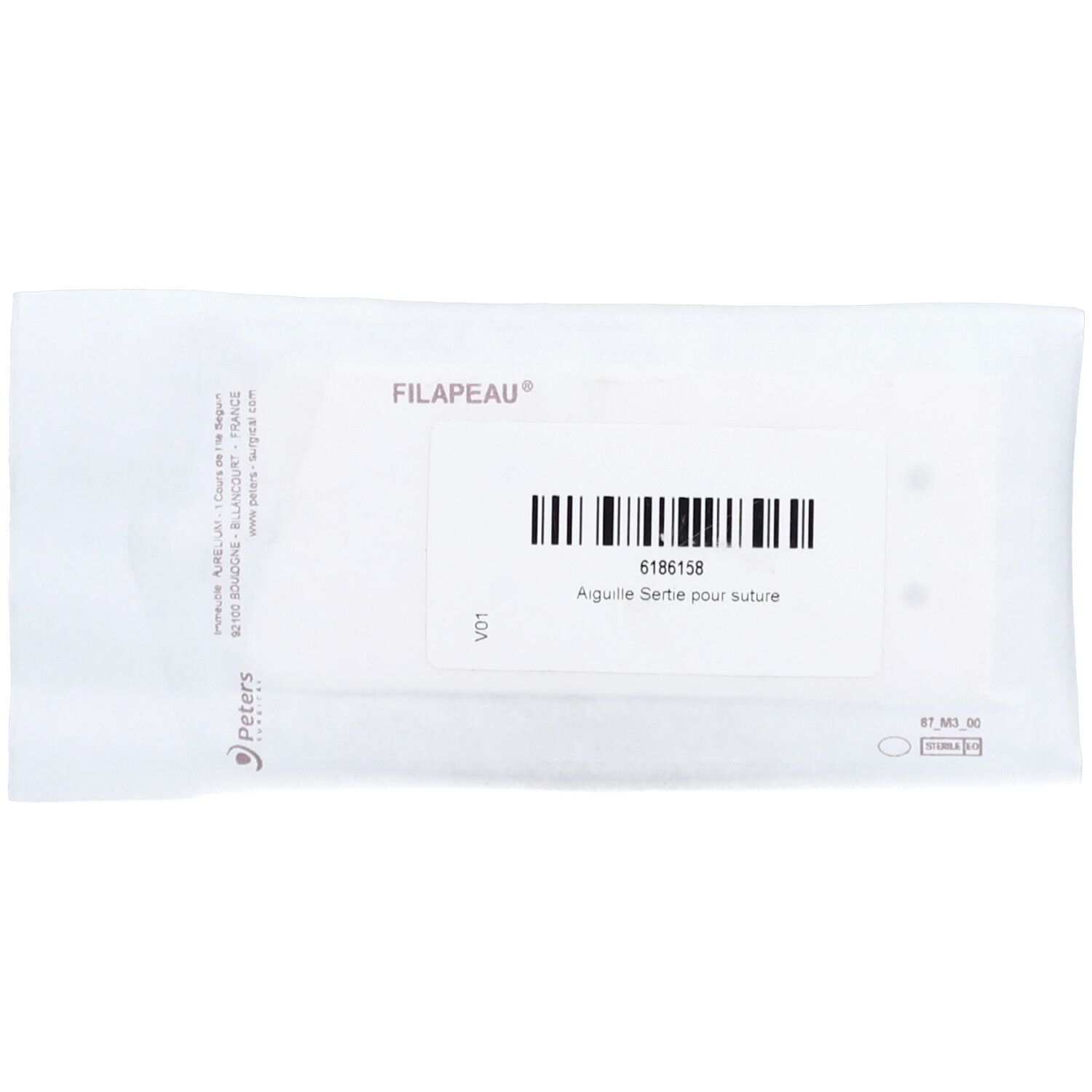 Emballage FILAPEAU. Inscription : Aiguille Sertie pour suture, code-barres, logo Peters Surgical.