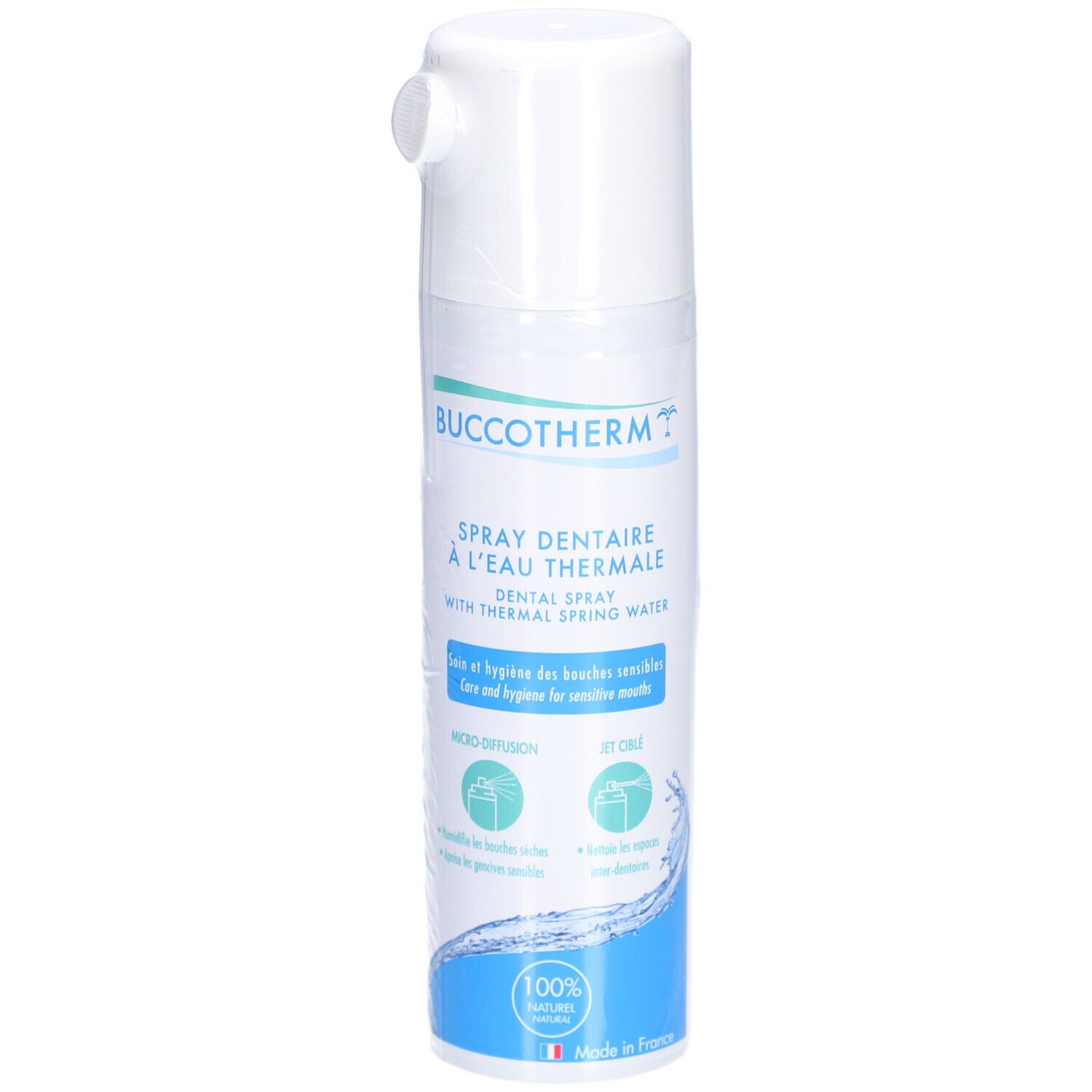 Spray blanc avec texte bleu-vert. Inscription: Buccotherm, Spray dentaire à l'eau thermale. Avec embout.
