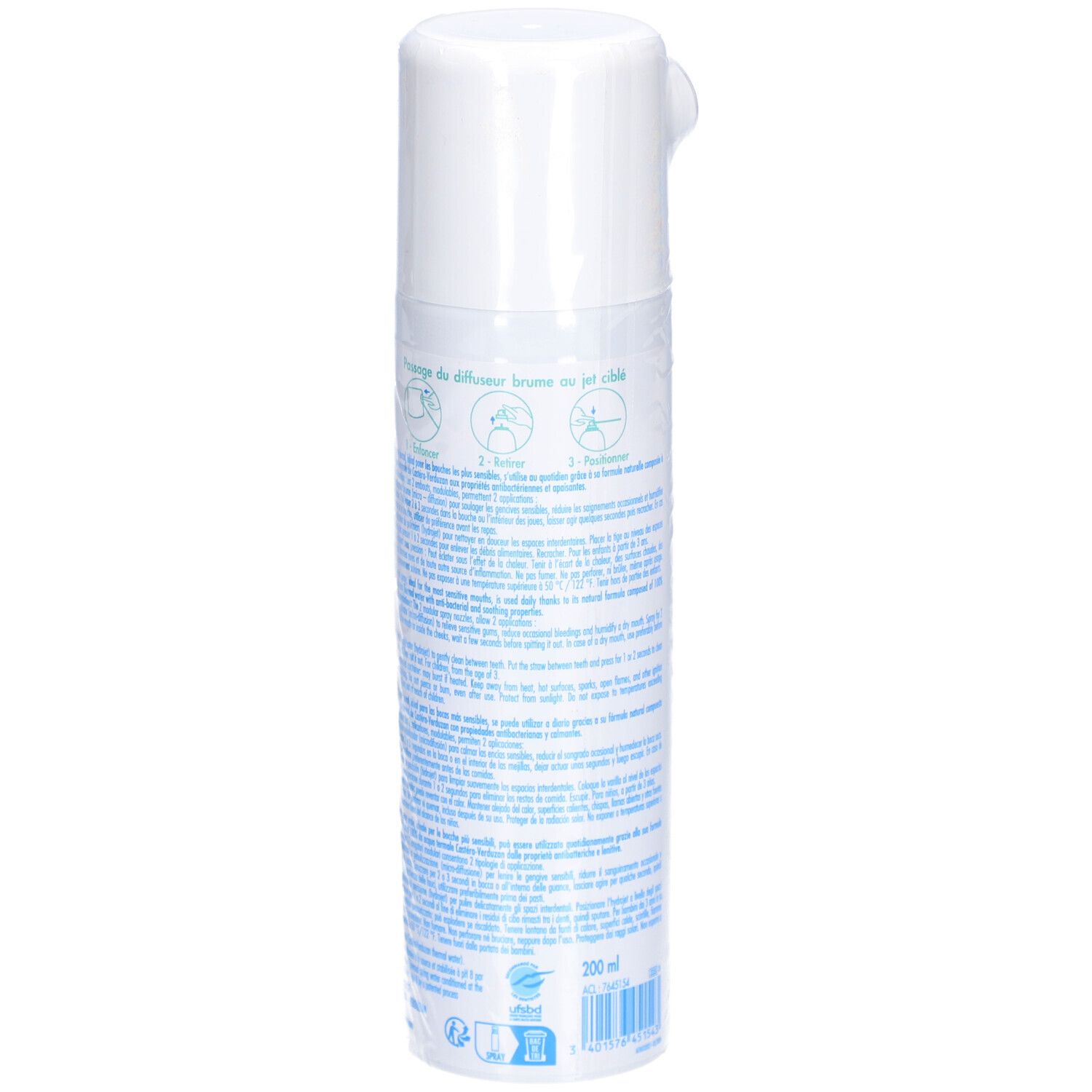 Spray blanc avec texte bleu et vert. Dos avec informations et instructions du produit.