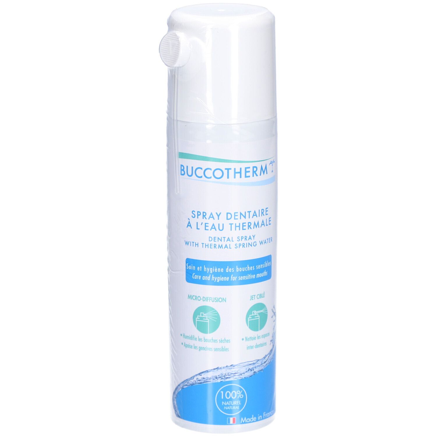 Spray blanc avec texte bleu-vert. Inscription: Buccotherm, Spray dentaire à l'eau thermale. Avec embout.