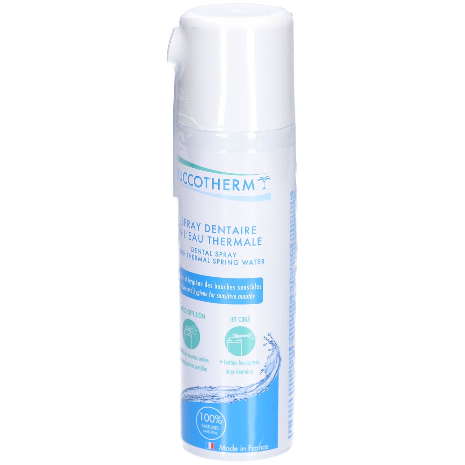 Spray blanc avec texte bleu-vert. Inscription: Buccotherm, Spray dentaire à l'eau thermale. Avec embout.
