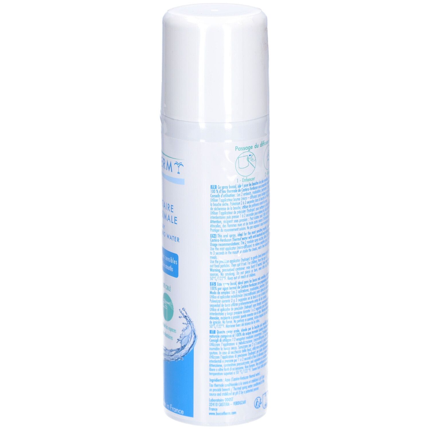 Spray blanc avec texte bleu et vert. Dos avec informations et instructions du produit.