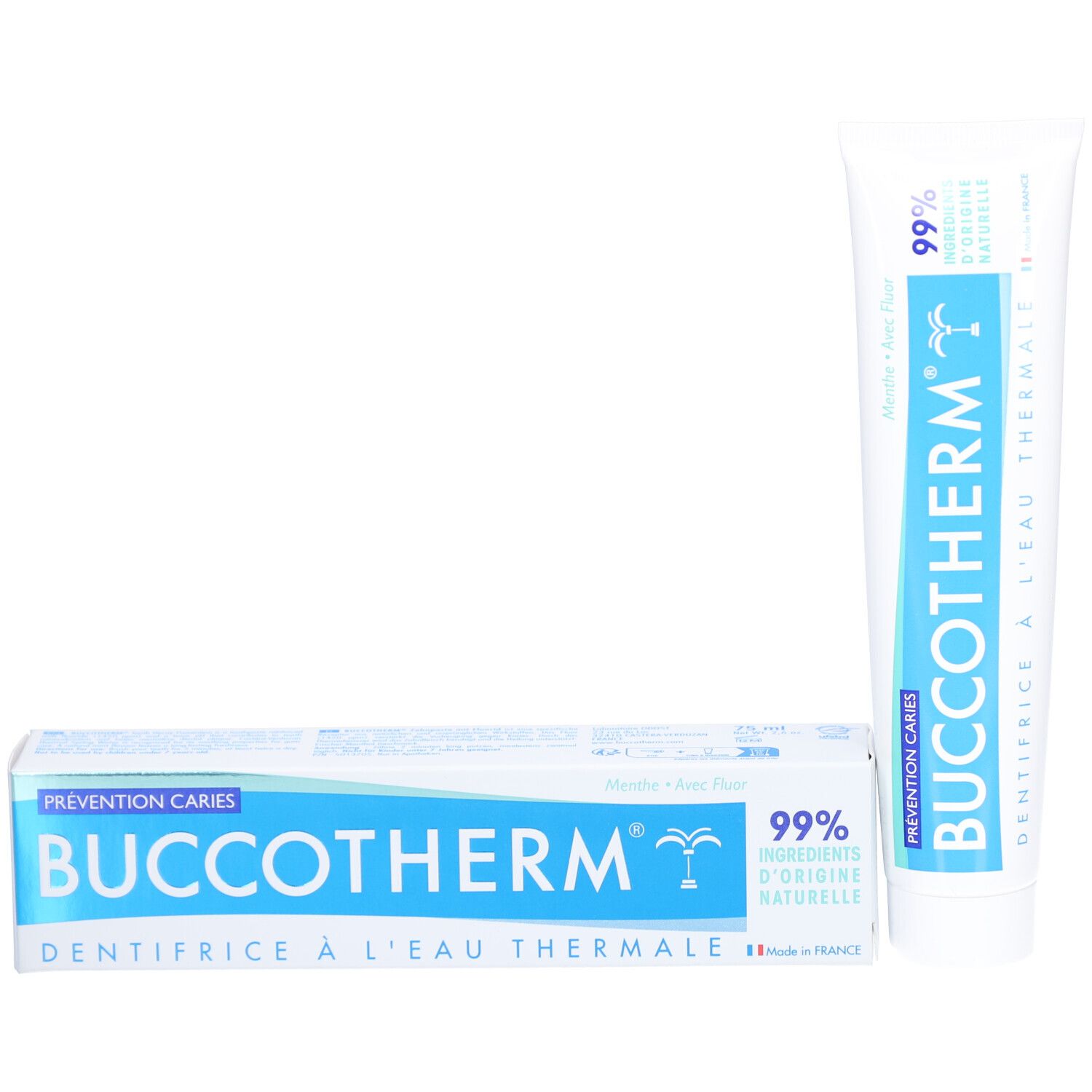 Tandpastatube en -doosje naast elkaar. Opschrift: Buccotherm, 99% ingrediënten van natuurlijke oorsprong, Munt, met fluoride.