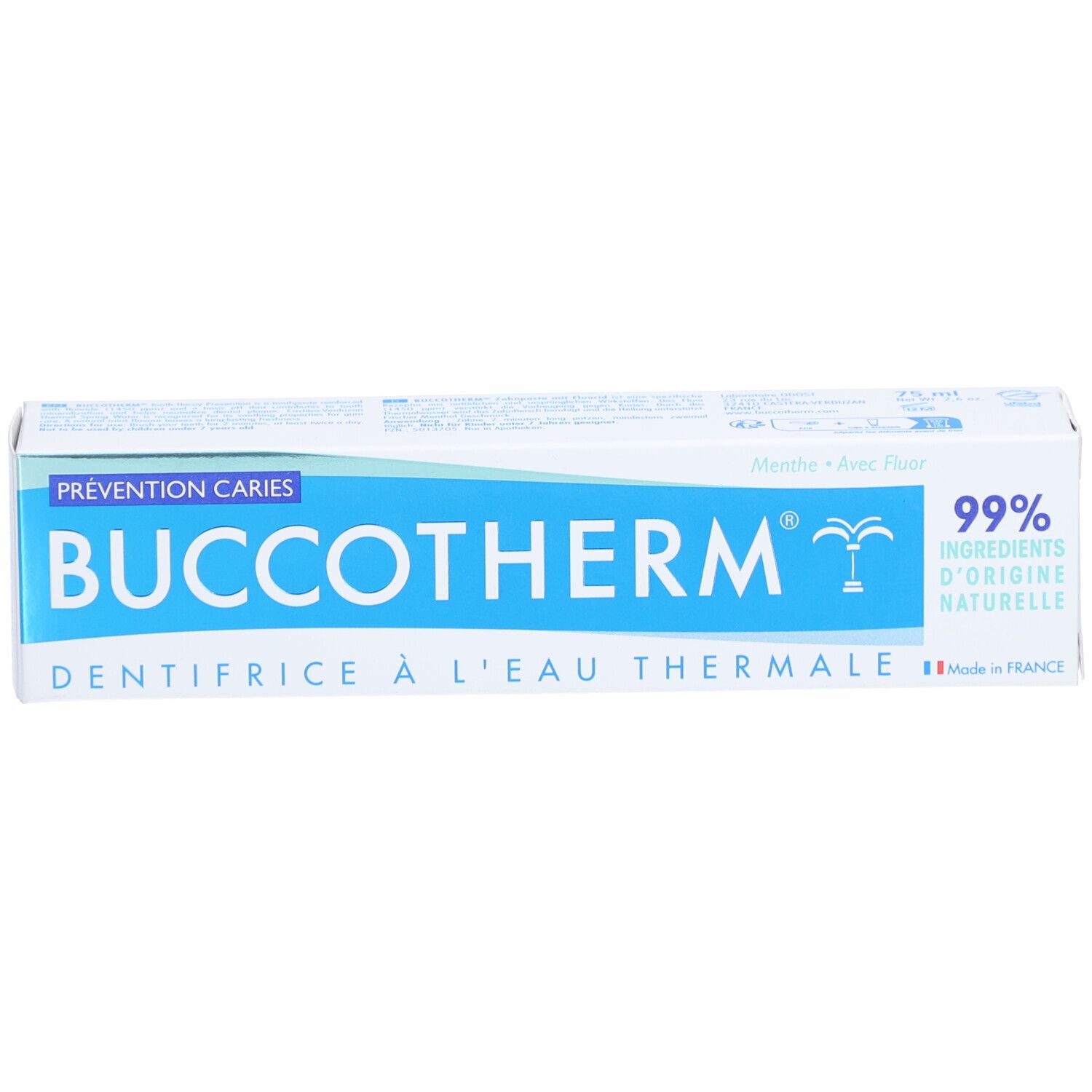 Tandpastadoosje. Opschrift: Buccotherm, 99% ingrediënten van natuurlijke oorsprong, Munt, met fluoride. Blauwe en witte kleurstelling.