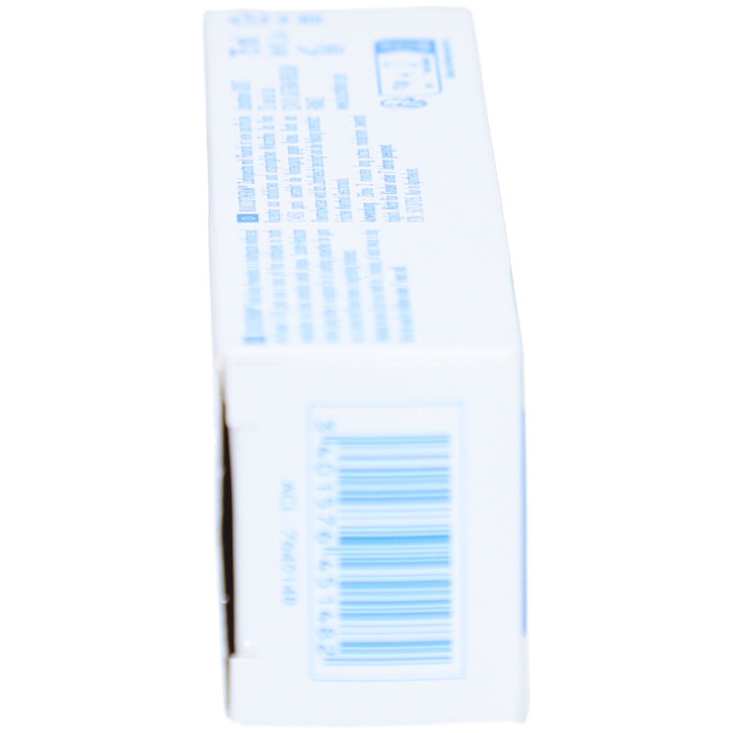 Zijaanzicht van een tandpastadoosje. Streepjescode en tekstinformatie, blauwe en witte kleurstelling.