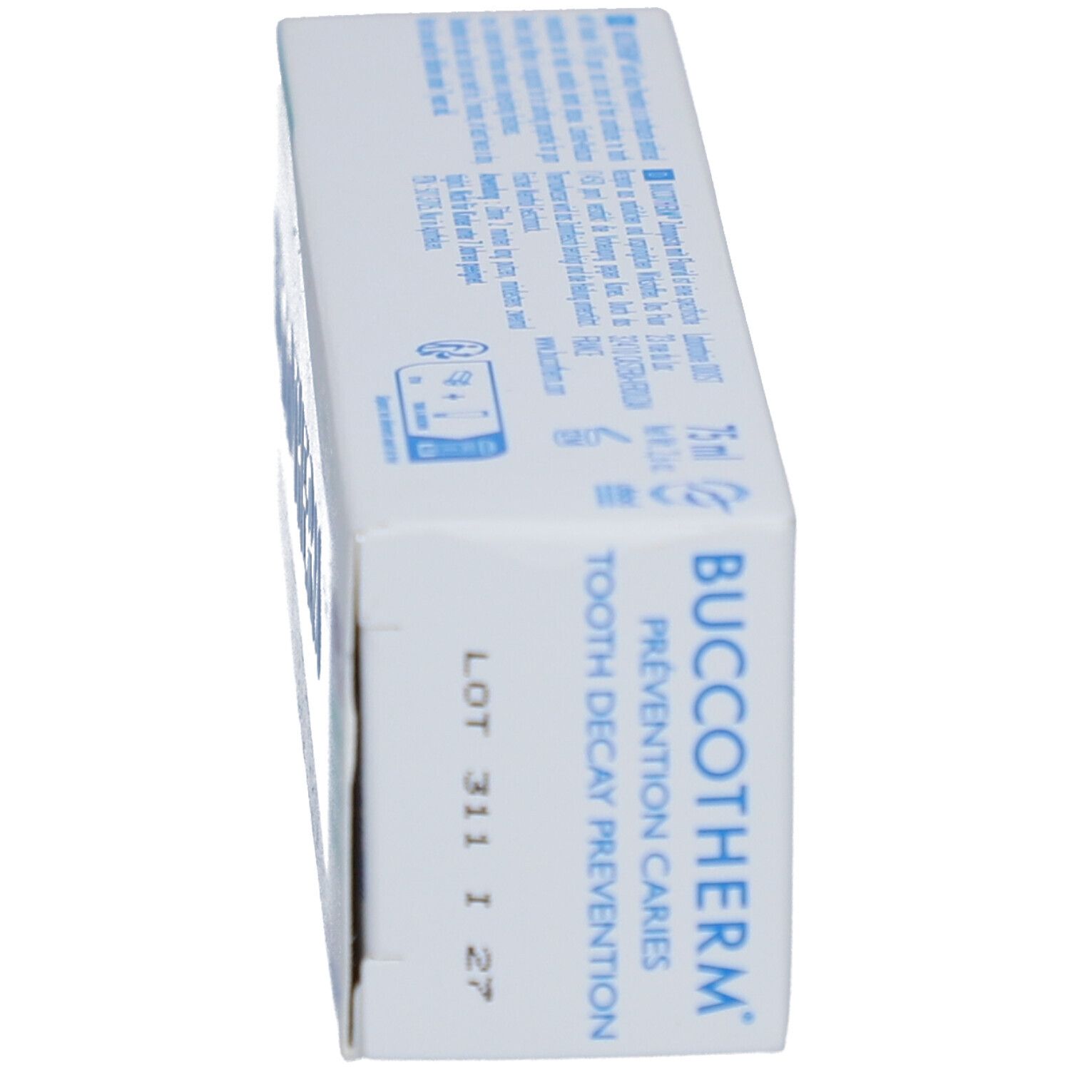 Zijaanzicht van een tandpastadoosje. Tekstinformatie, blauwe en witte kleurstelling.