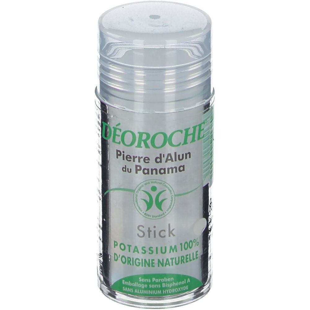 Déodorant Déoroche en stick, emballage transparent. Inscription: Pierre d'Alun du Panama, Stick, Potassium 100% d'origine naturelle.