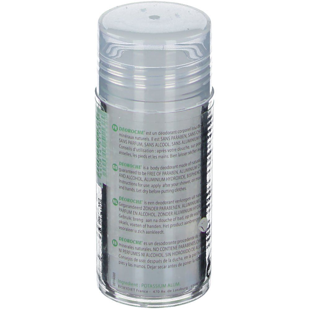 Déodorant Déoroche, emballage transparent. Texte multilingue. Contient des informations sur les ingrédients et l'utilisation.