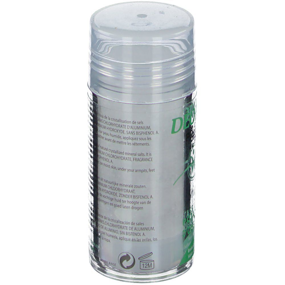 Déodorant Déoroche, emballage transparent. Texte multilingue. Contient des informations sur les ingrédients et l'utilisation.
