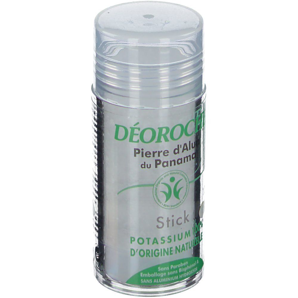 Déodorant Déoroche en stick, emballage transparent. Inscription: Pierre d'Alun du Panama, Stick, Potassium 100% d'origine naturelle.