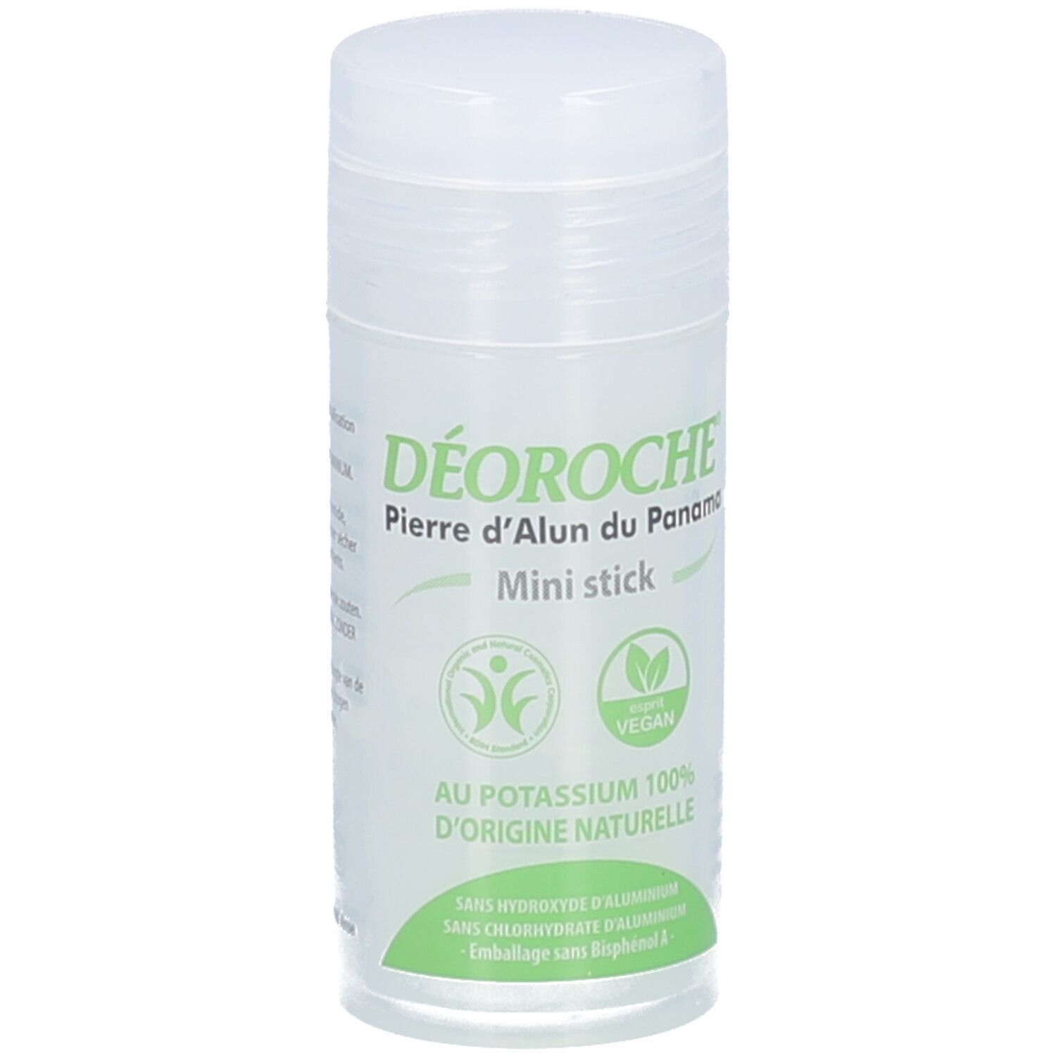 Deo-stick met deksel. Opschrift: DÉOROCH, Pierre d'Alun du Panama, Mini stick. Vegan-zegel. Tekst: Au potassium 100% d'origine naturelle.