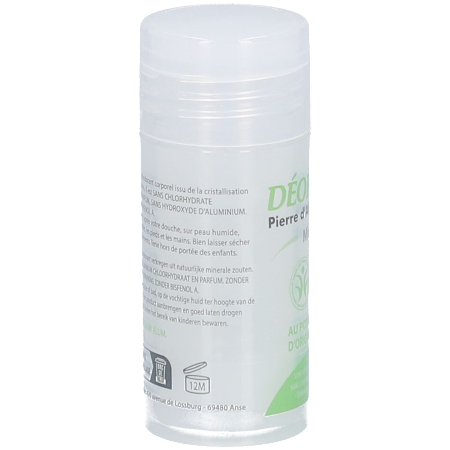 Deo-stick met deksel. Franse tekst. Opschrift: DÉOROCH. Tekst: Sans chlorhydrate d'aluminium, sans parfum, sans risphénol A. 12M-zegel.