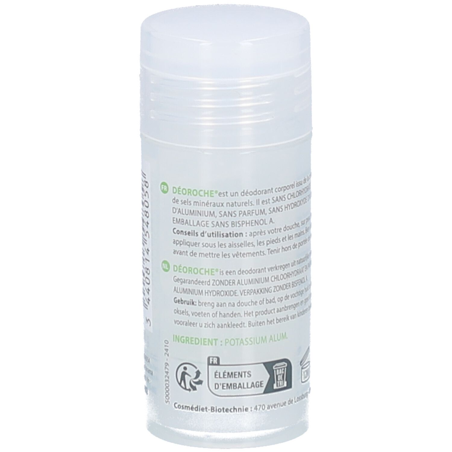 Deo-stick met deksel. Franse tekst. Opschrift: DÉOROCH. Tekst: Sans chlorhydrate d'aluminium, sans parfum, sans risphénol A. Verpakkingssymbolen.