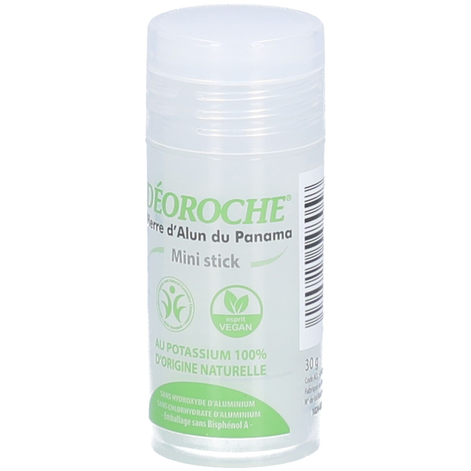 Deo-stick met deksel. Opschrift: DÉOROCH, Pierre d'Alun du Panama, Mini stick. Vegan-zegel. Tekst: Au potassium 100% d'origine naturelle. 30g.