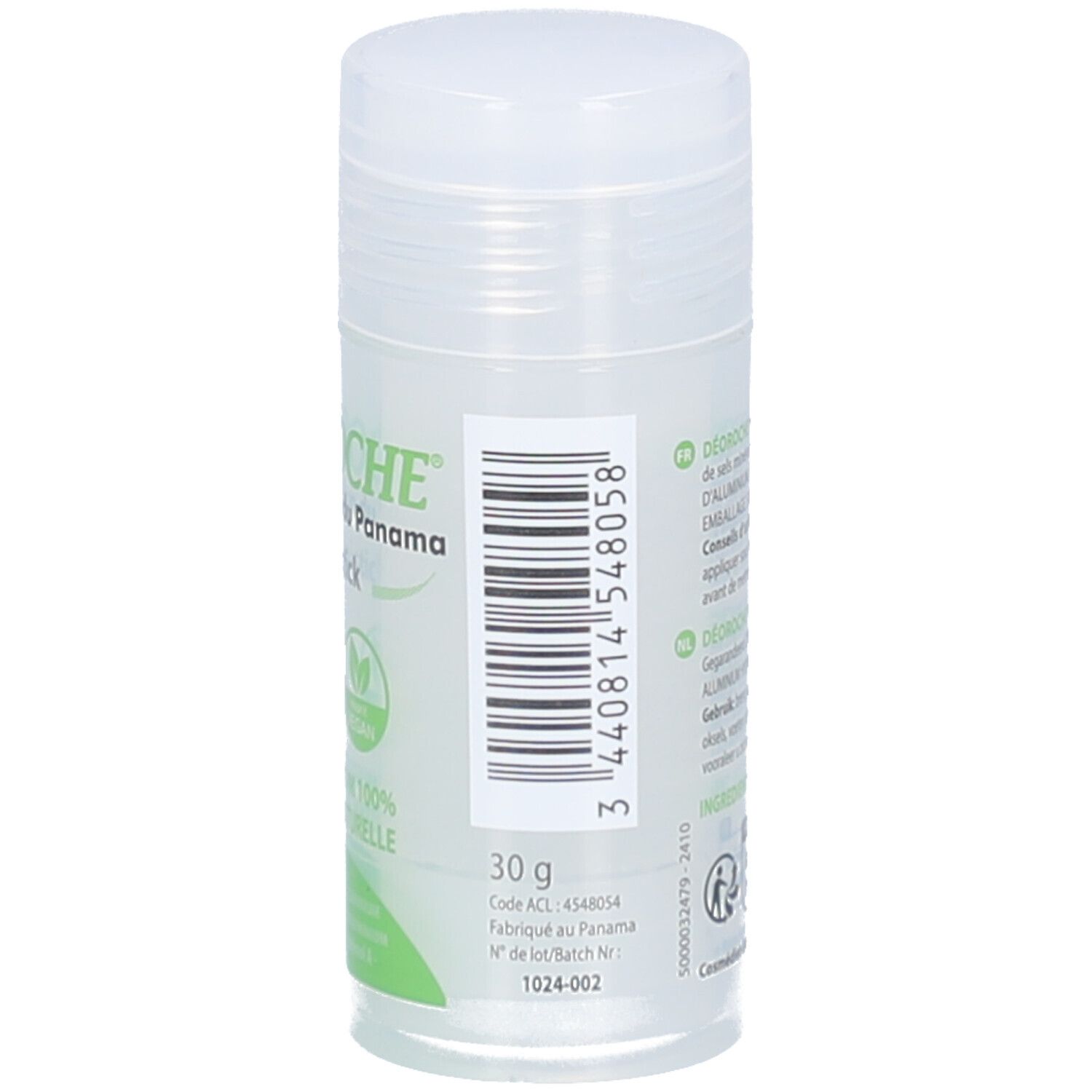 Deo-stick met deksel. Achterkant met barcode en tekst. Opschrift: DÉOROCH. Tekst: 30 g. Code ACL 4548054. Fabriqué au Panama. N° de lot/Batch N° 1024-002.