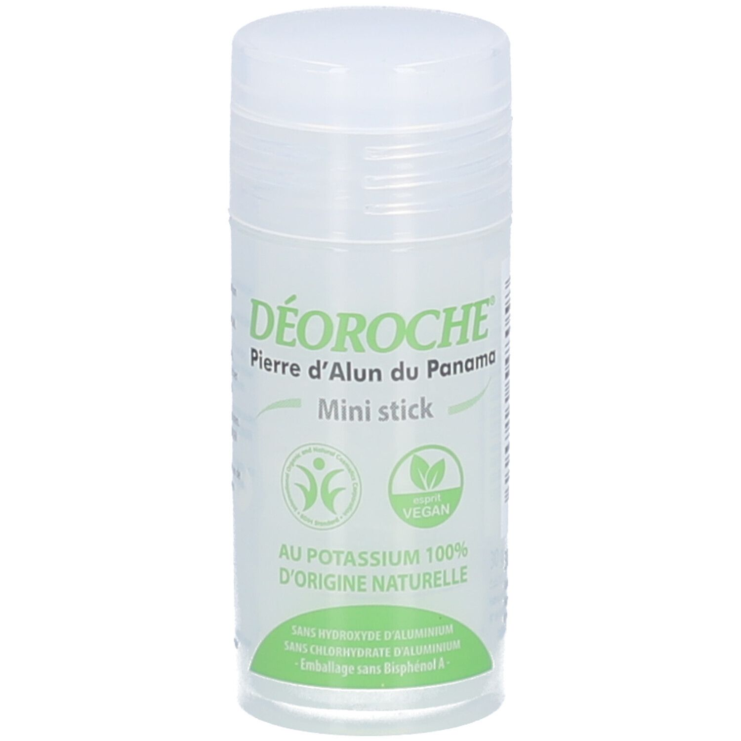 Deo-stick met deksel. Opschrift: DÉOROCH, Pierre d'Alun du Panama, Mini stick. Vegan-zegel. Tekst: Au potassium 100% d'origine naturelle.