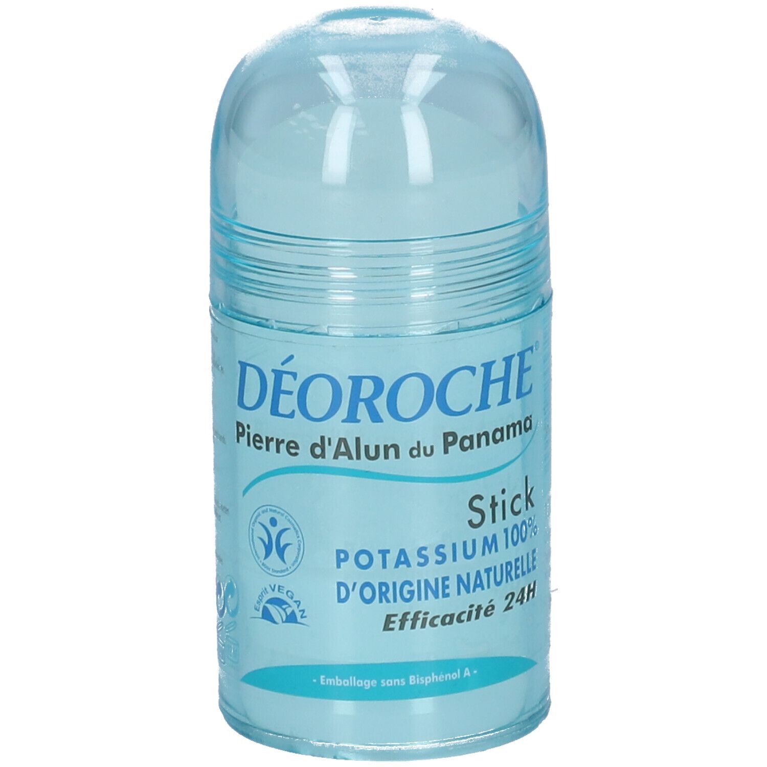 Blauwe deodorant stick met transparante dop. Opschrift: DÉOROCHÉ, Pierre d'Alun du Panama, Stick, Potassium 100%, Origine Naturelle, Efficacité 24H. Vegan label.