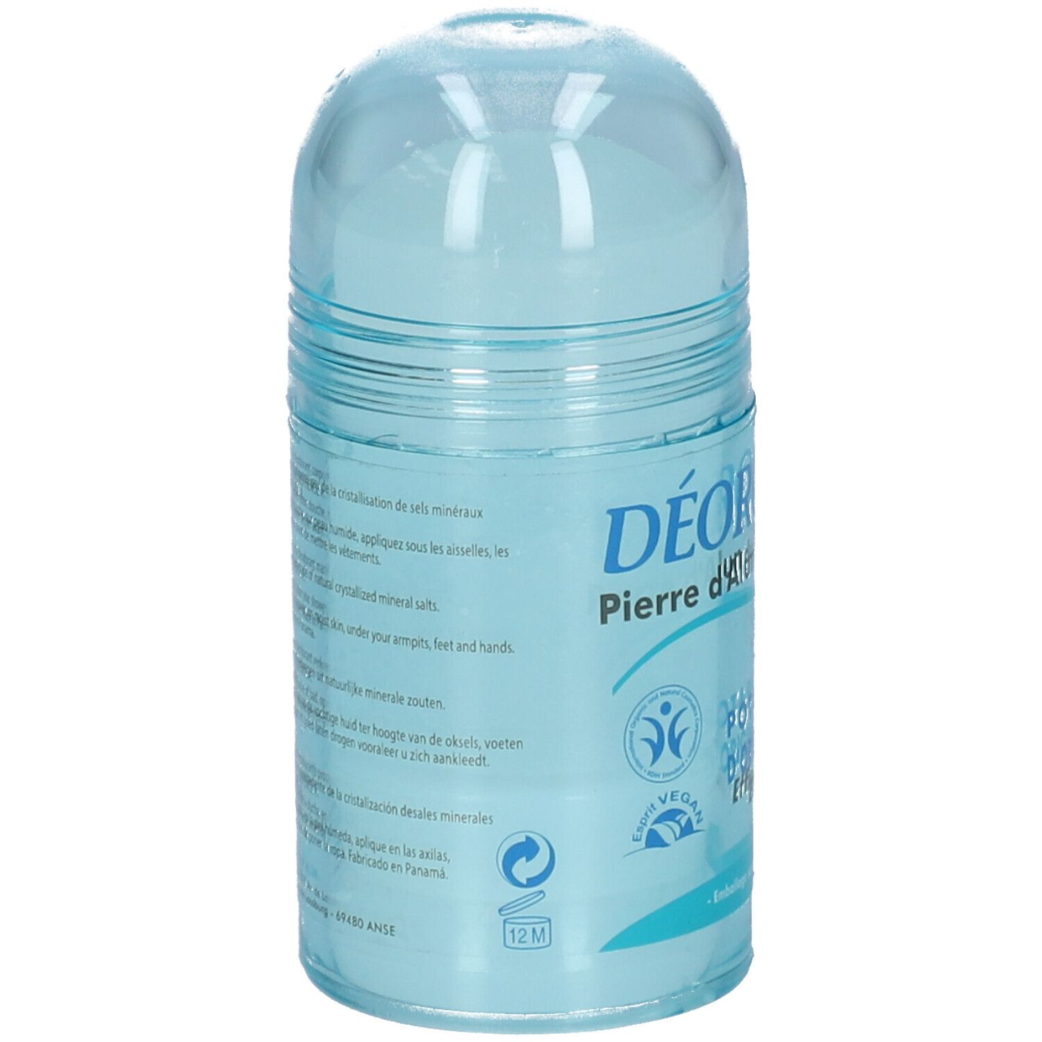 Achterkant van de blauwe deodorant stick. Meertalige tekst. Vegan label. 12M symbool.