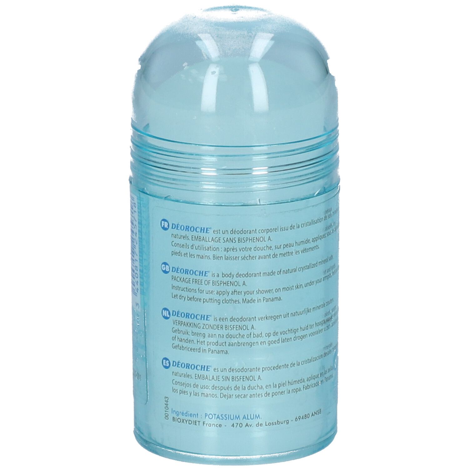 Achterkant van de blauwe deodorant stick. Meertalige tekst. Vegan label. 12M symbool.