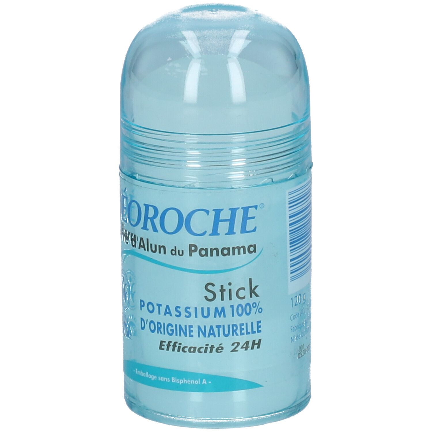 Blauwe deodorant stick met transparante dop. Opschrift: DÉOROCHÉ, Pierre d'Alun du Panama, Stick, Potassium 100%, Origine Naturelle, Efficacité 24H. 120g.