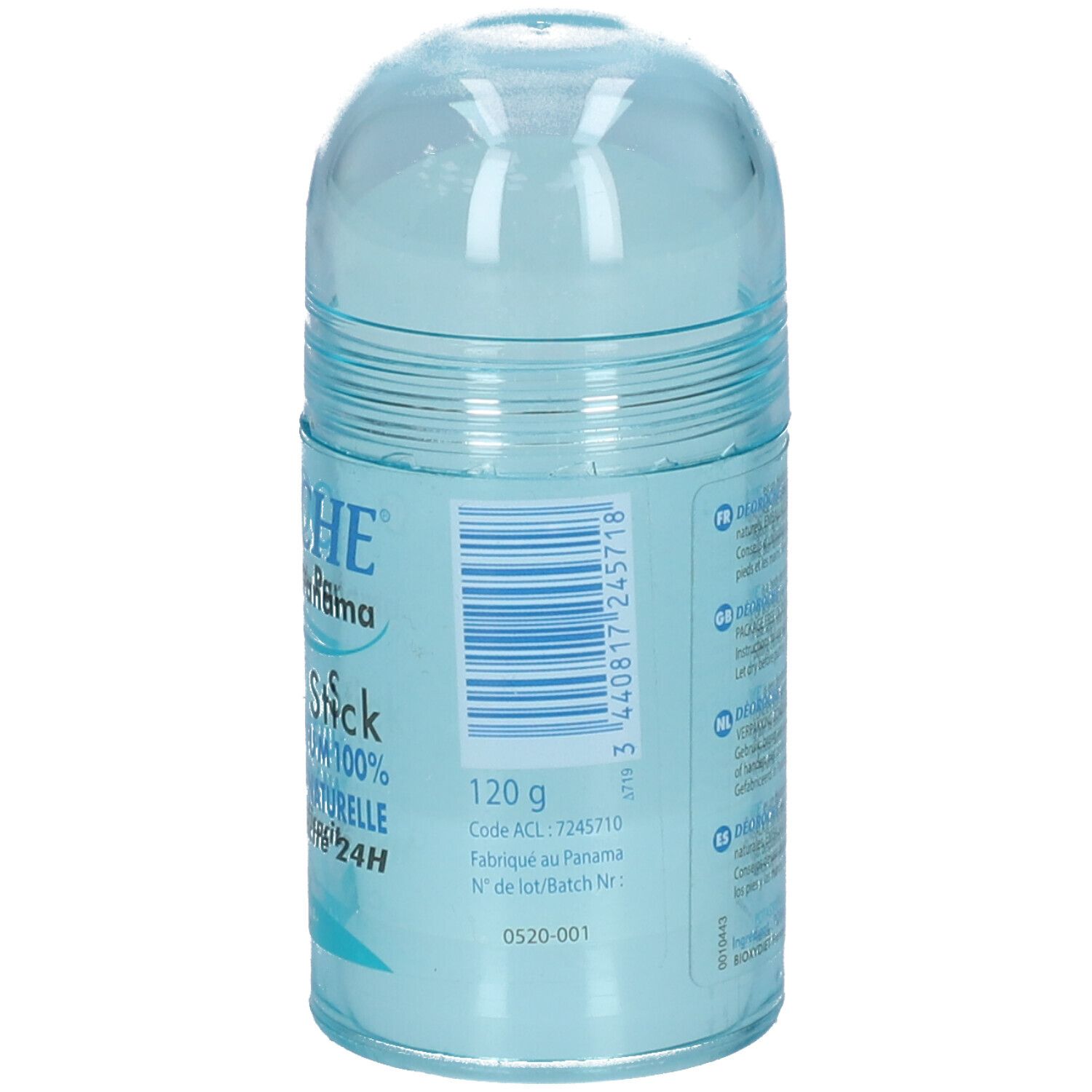 Achterkant van de blauwe deodorant stick. Barcode, tekst, 120g. Code ACL 7245710. Gemaakt in Panama.