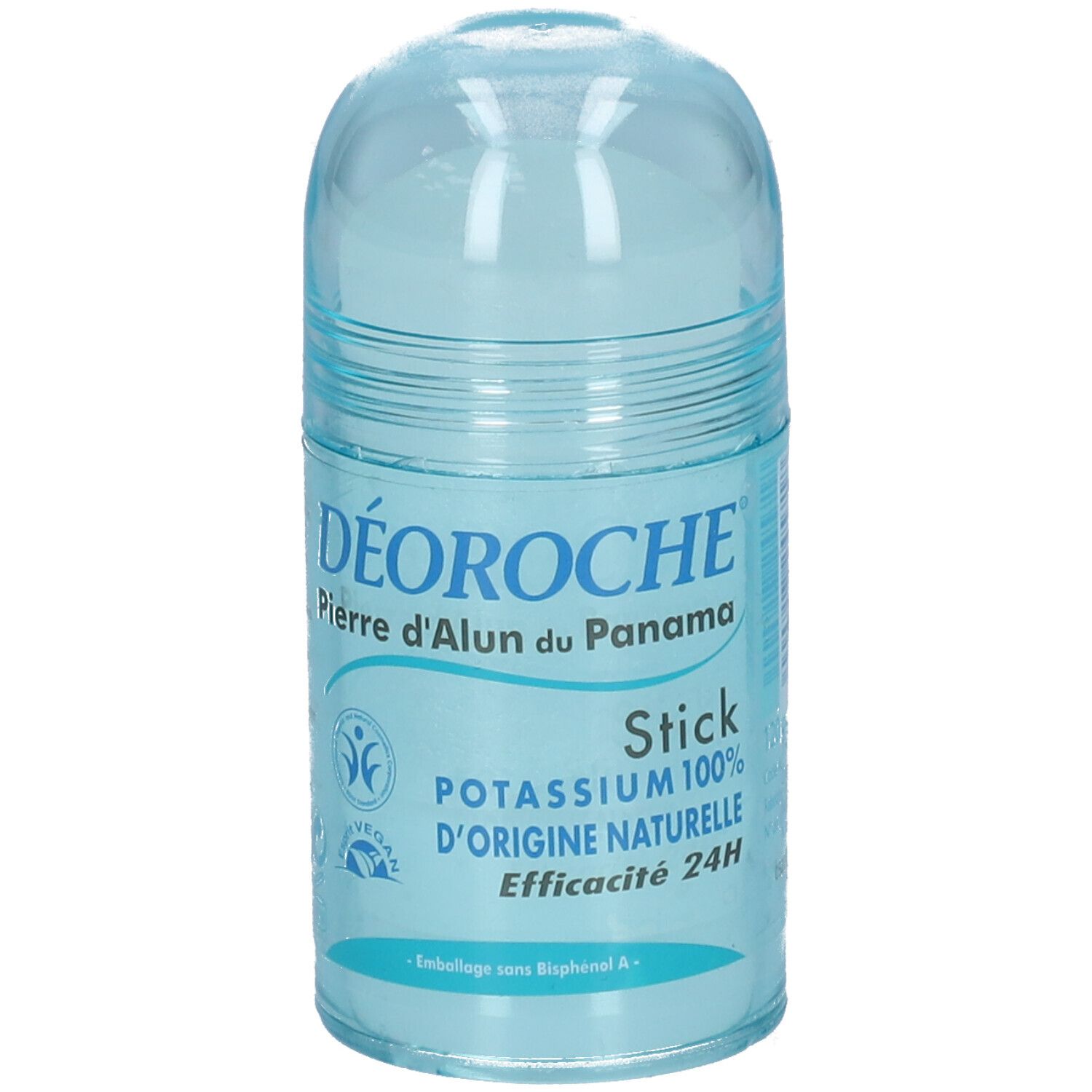 Blauwe deodorant stick met transparante dop. Opschrift: DÉOROCHÉ, Pierre d'Alun du Panama, Stick, Potassium 100%, Origine Naturelle, Efficacité 24H.