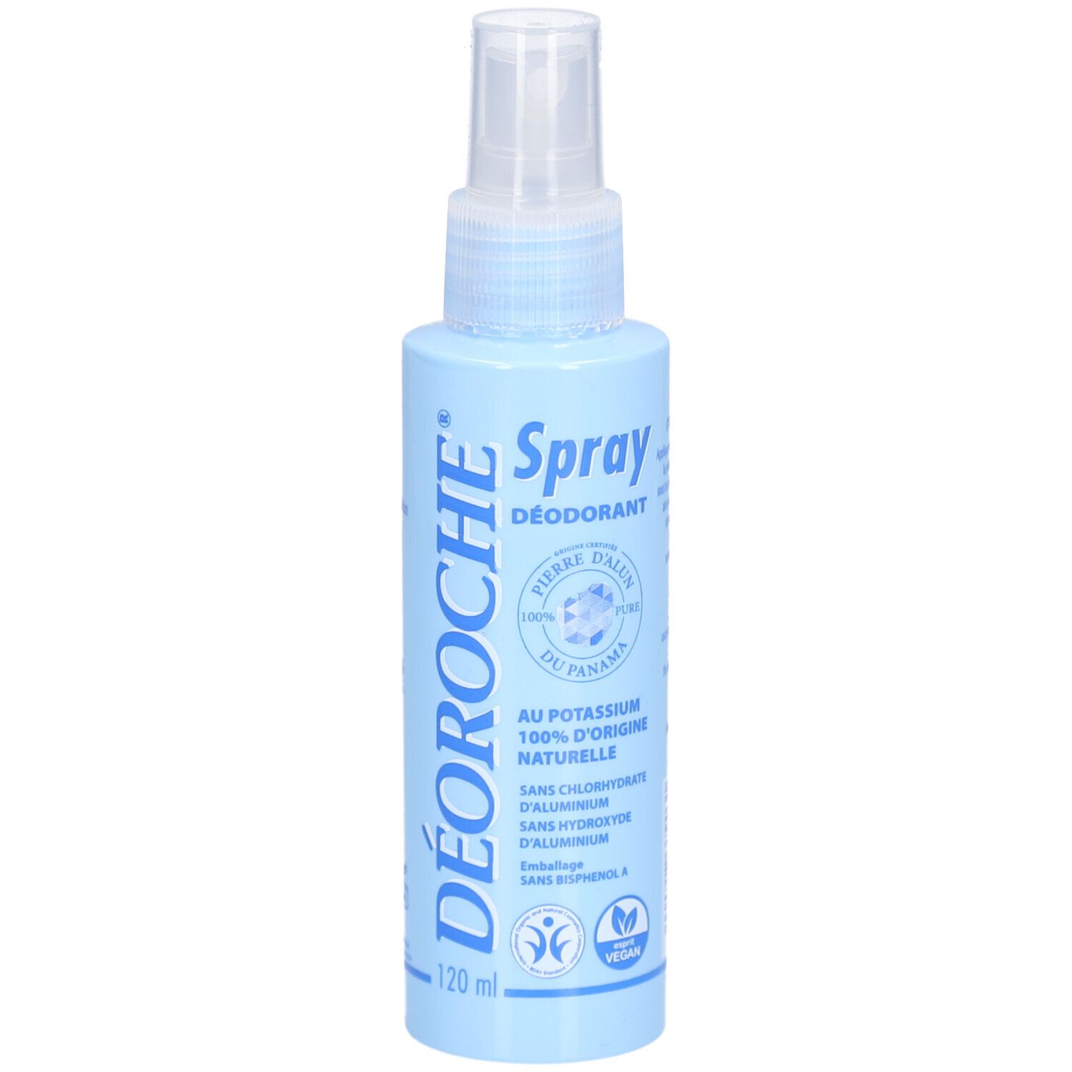 Deodorantspray in een transparante fles met verstuiver. Blauwe etiketten met tekst. Vegan keurmerk.