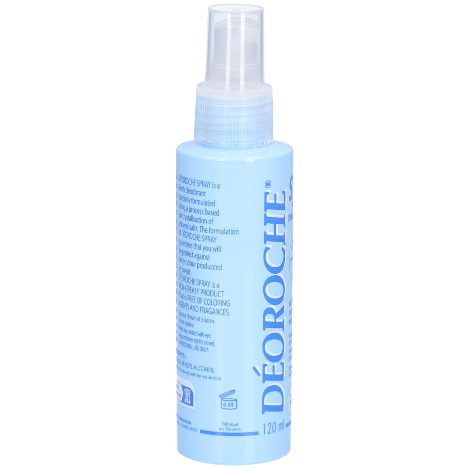 Achteraanzicht van de deodorantspray. Blauwe etiketten met tekst. Gebruiksaanwijzing en ingrediënten.