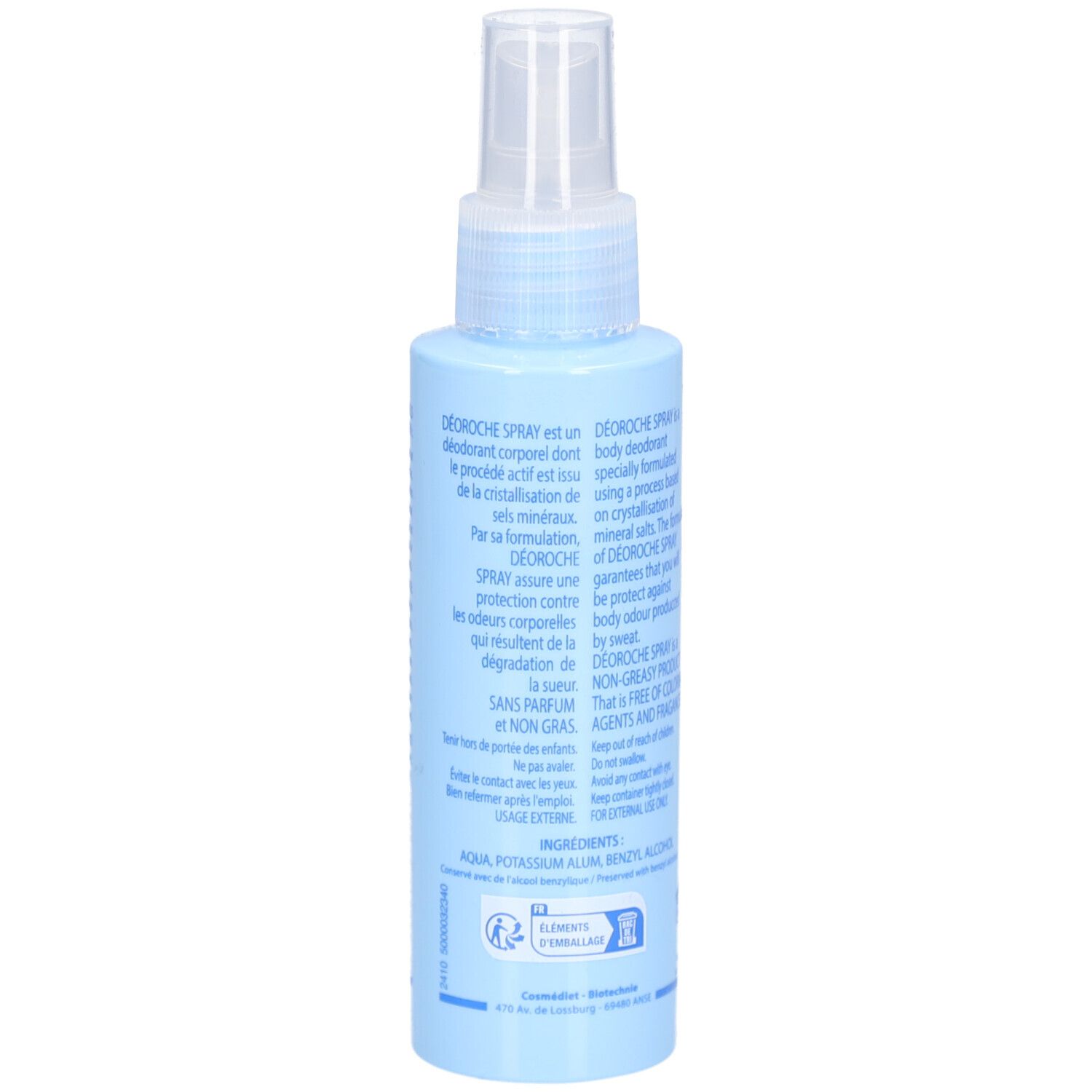 Achteraanzicht van de deodorantspray. Blauwe etiketten met tekst. Ingrediënten en productbeschrijving.