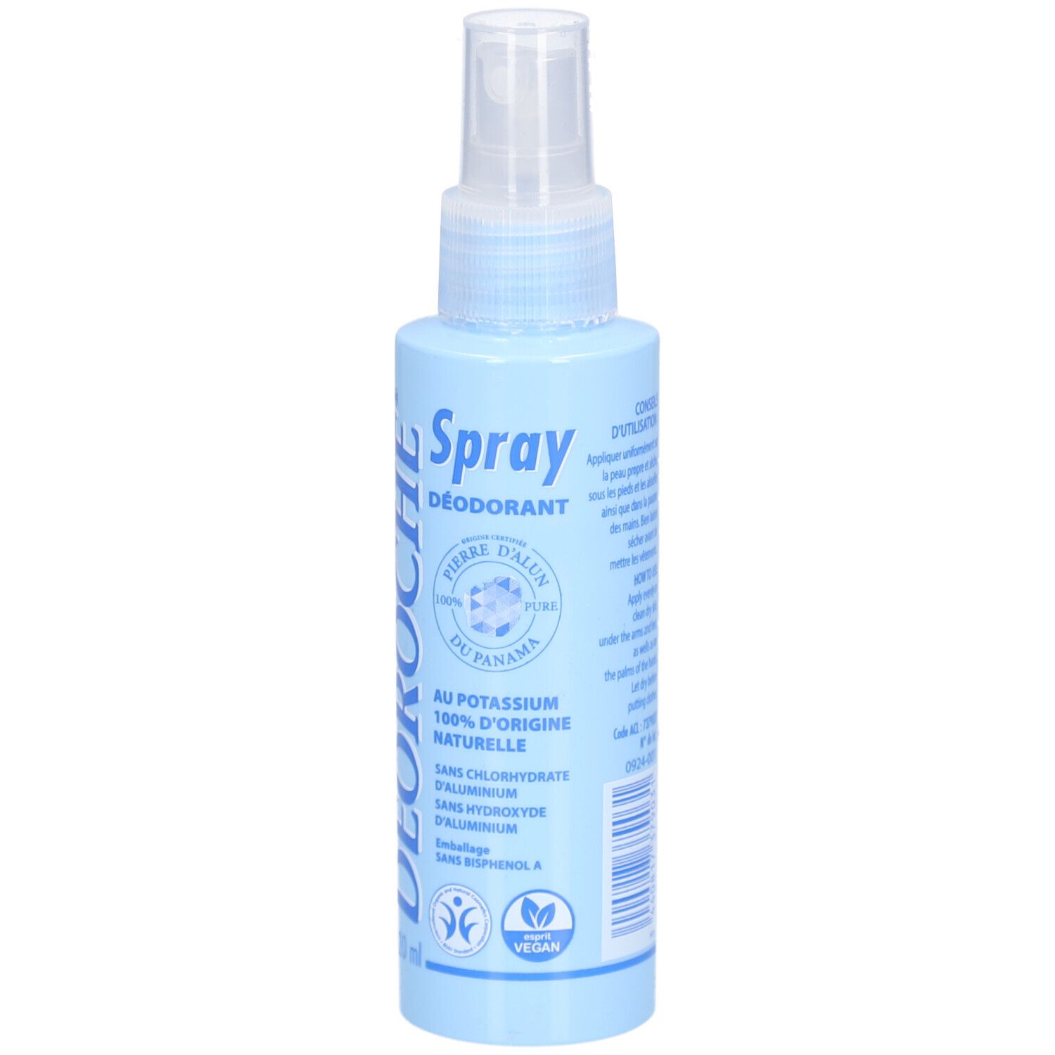 Deodorantspray in een transparante fles met verstuiver. Blauwe etiketten met tekst. Vegan keurmerk.
