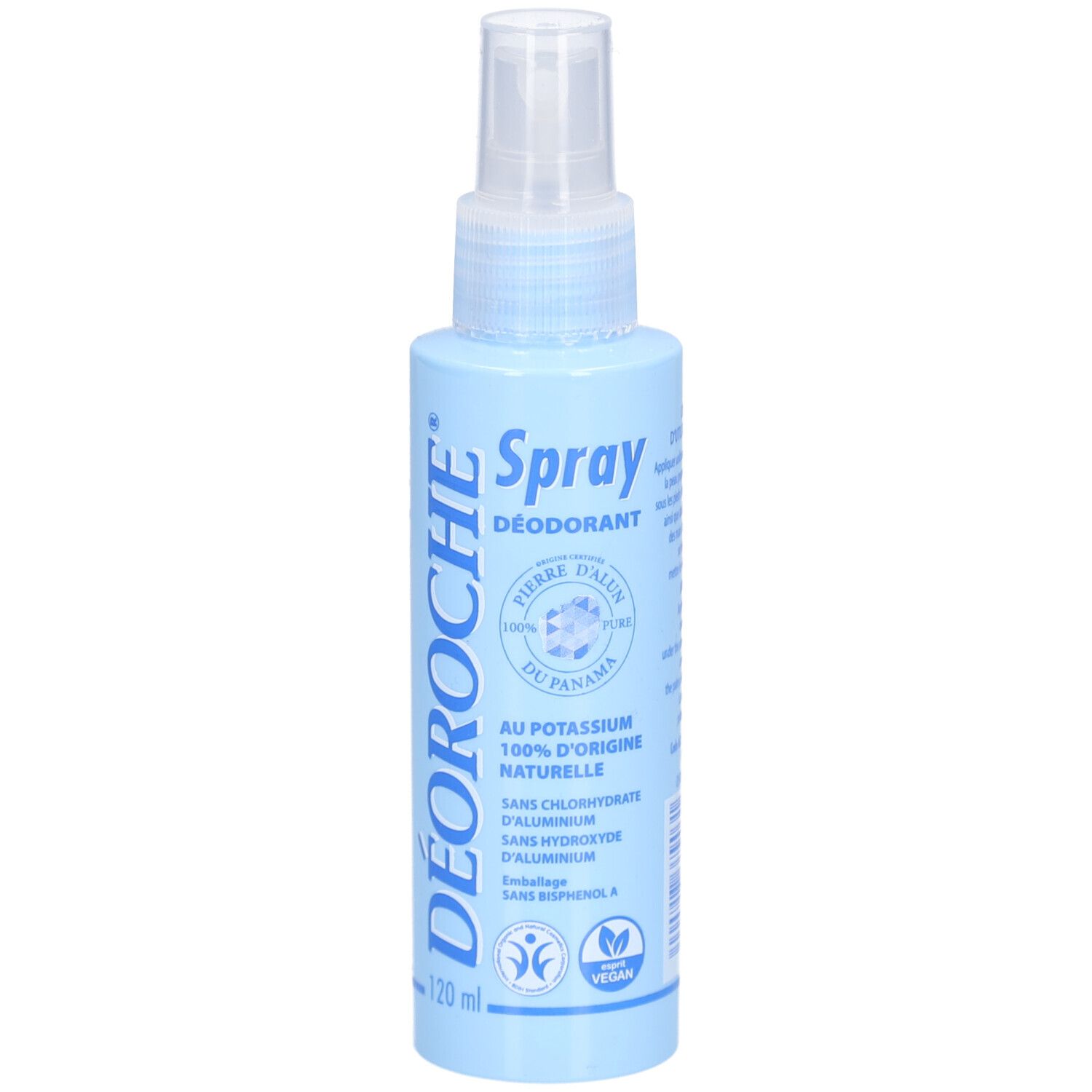 Deodorantspray in een lichtblauwe fles met verstuiver. Blauwe etiketten met tekst. Vegan keurmerk.