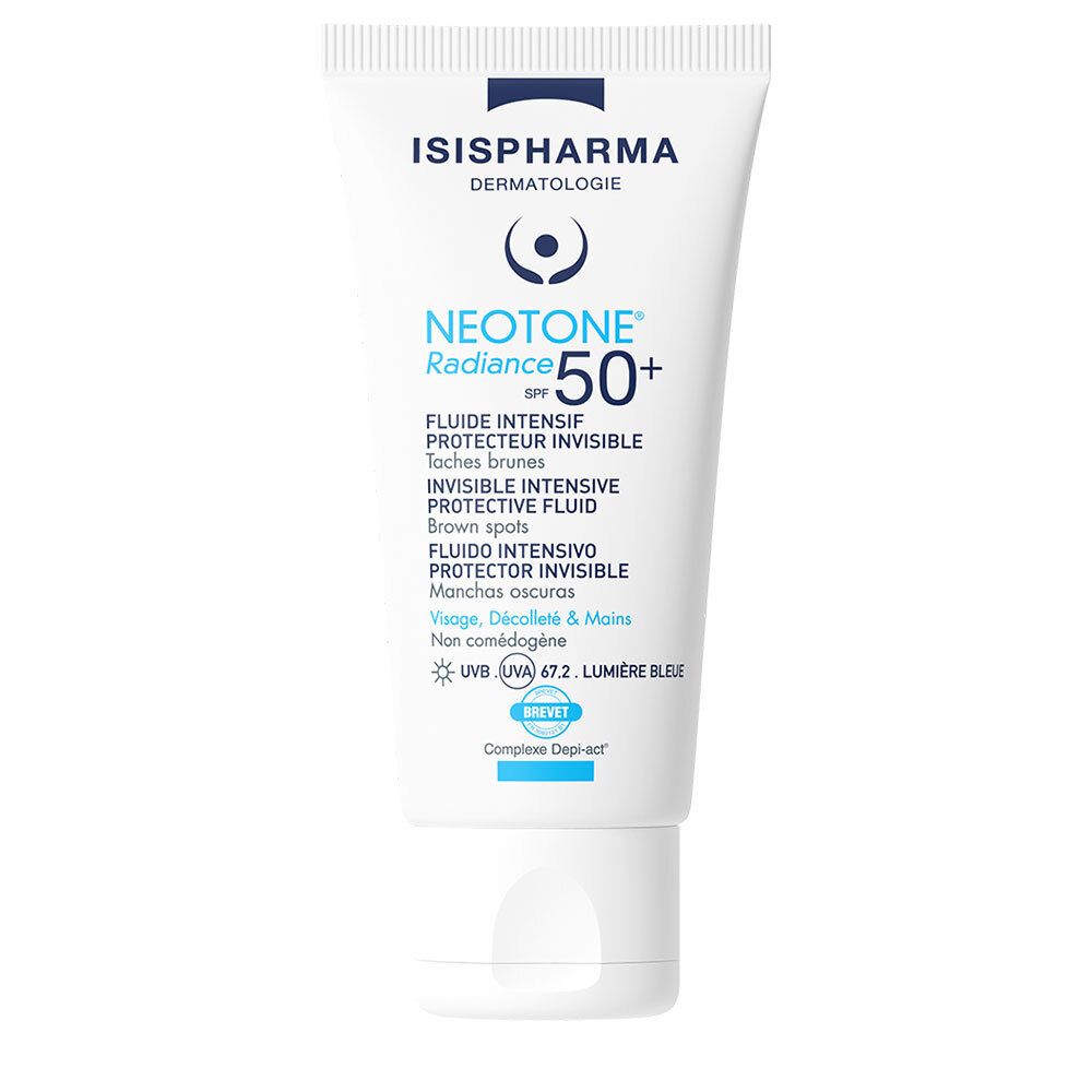 Witte tube met blauwe tekst. Bevat ISISPHARMA Dermatologie NEOTONE Radiance SPF50+. Tekst: Fluide Intensif Protecteur Invisible.