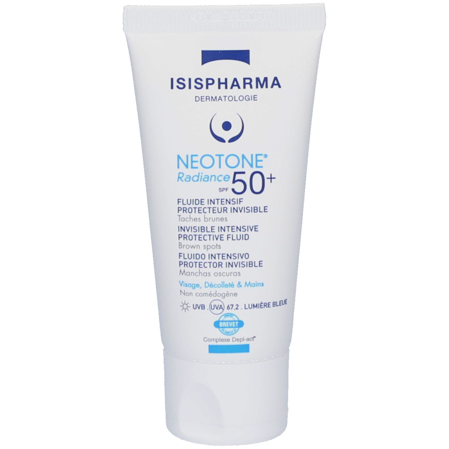 Witte tube met blauwe tekst. Bevat ISISPHARMA Dermatologie NEOTONE Radiance SPF50+. Tekst: Fluide Intensif Protecteur Invisible.