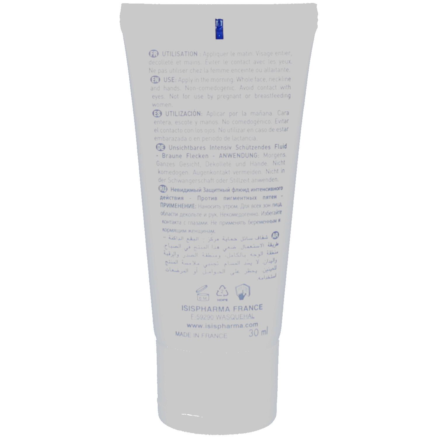 Achterkant van de witte tube. Meertalige tekst. Bevat informatie over gebruik en ingrediënten. Merk: ISISPHARMA.