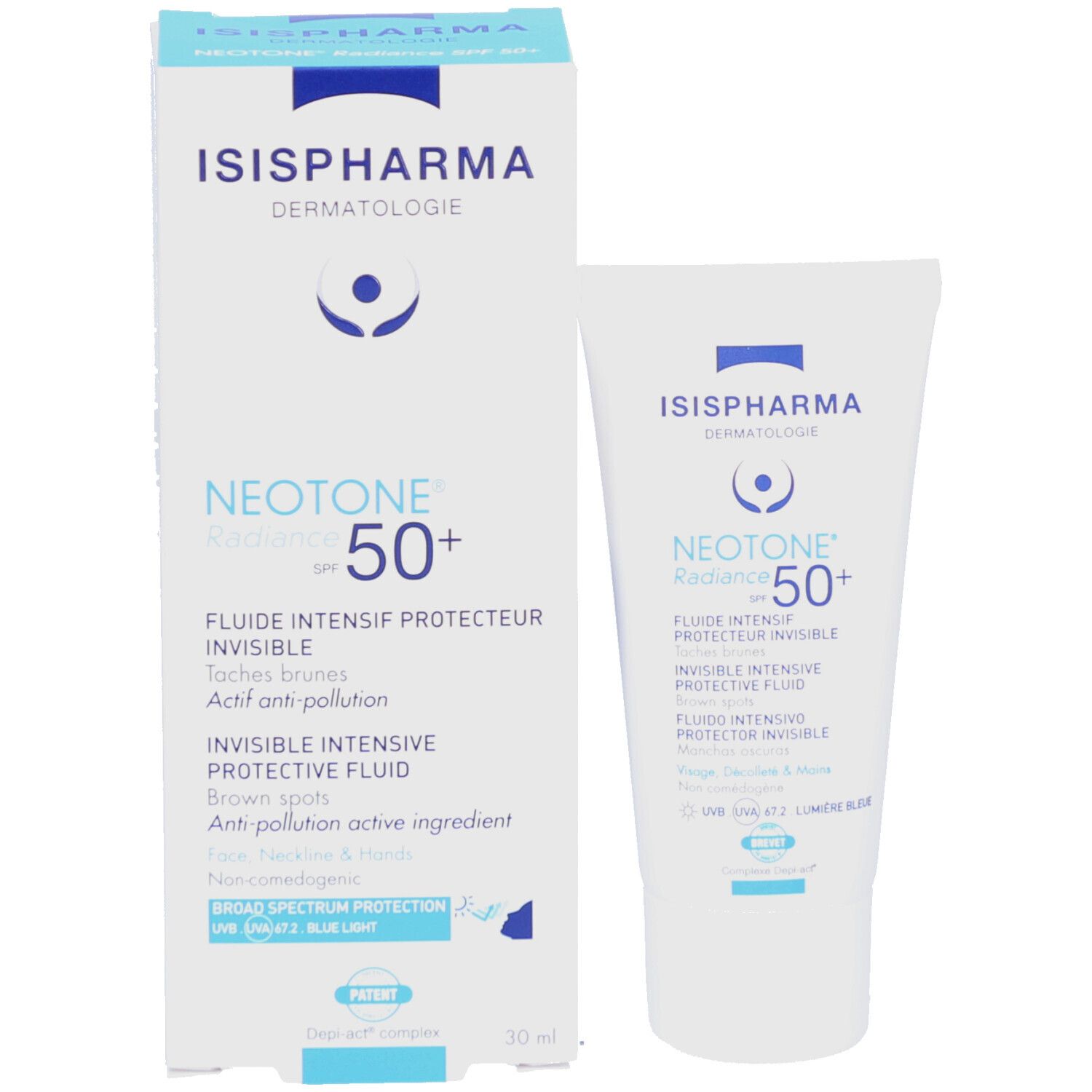 Verpakking en tube. Bevat ISISPHARMA Dermatologie NEOTONE Radiance SPF50+. Tekst: Fluide Intensif Protecteur Invisible. 30 ml.