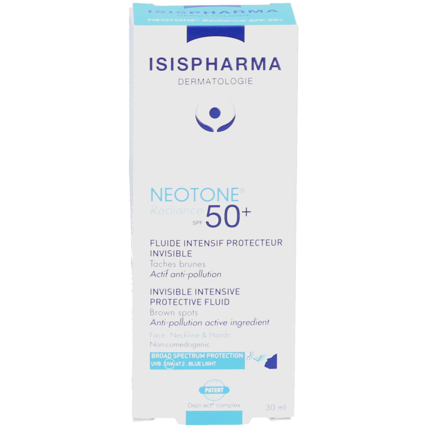 Productverpakking. Bevat ISISPHARMA Dermatologie NEOTONE Radiance SPF50+. Tekst: Fluide Intensif Protecteur Invisible. 30 ml.