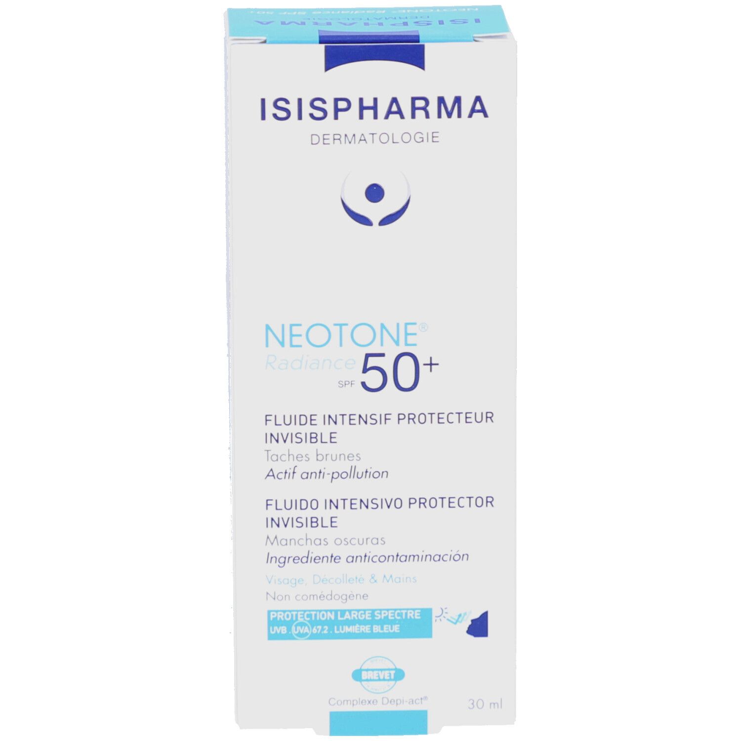 Productverpakking. Bevat ISISPHARMA Dermatologie NEOTONE Radiance SPF50+. Tekst: Fluide Intensif Protecteur Invisible. 30 ml.